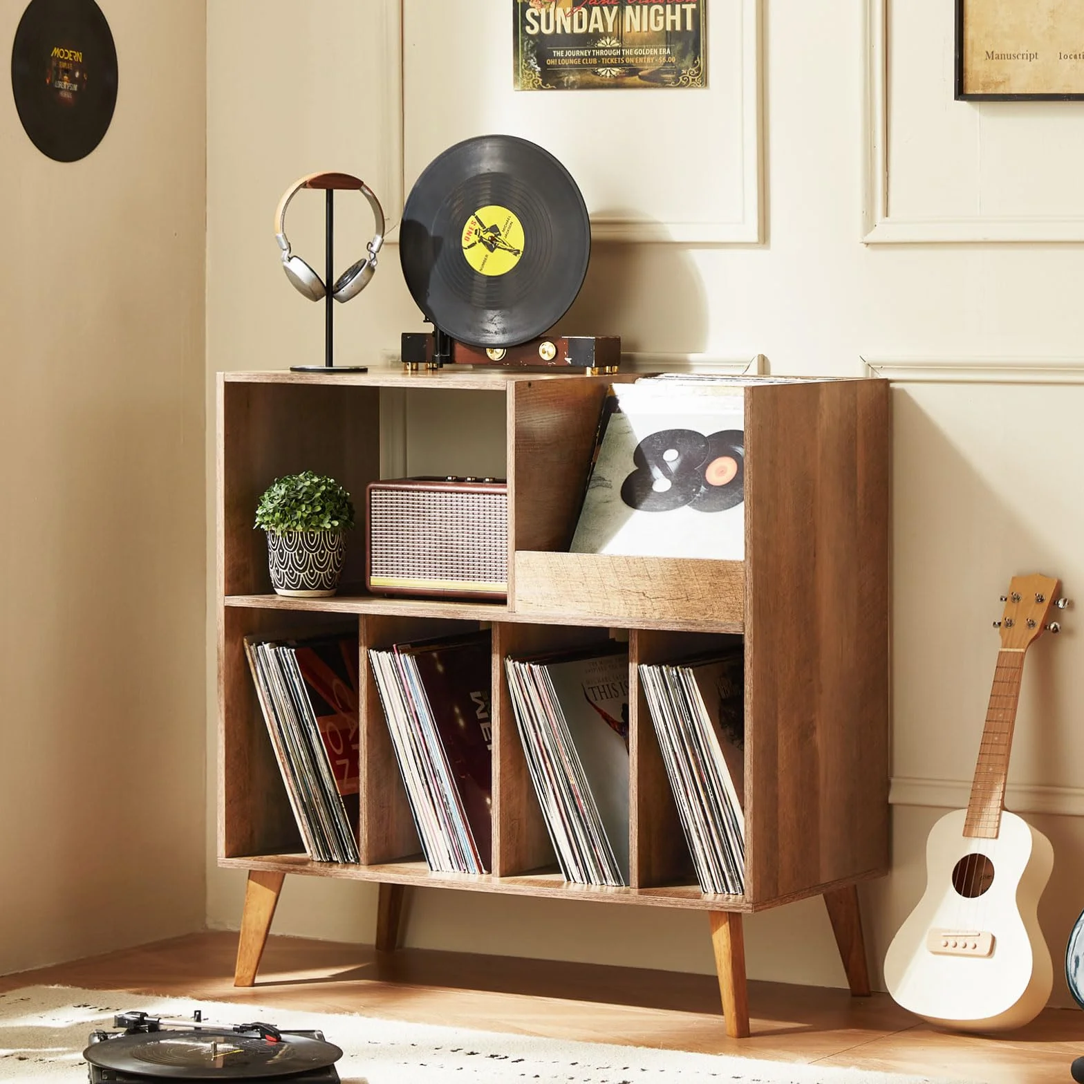 Großer Plattenständer mit Aufbewahrung,Plattenspieler-Ständer mit Ablage,Vinylplatten-Halterung mit Präsentationsfläche,Plattenständer für bis zu 300 Alben, Plattenregal für Musikzimmer und Wohnzimmer