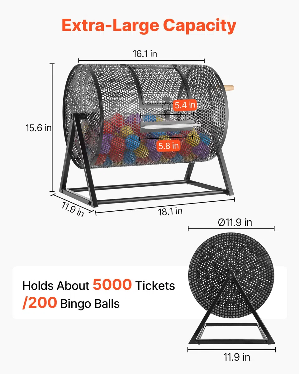 VEVOR Tombola Trommel, 410xØ302 mm, Lostrommel mit Fassungsvermögen von 5000 Lose oder 200 Lotteriebälle, Gewinnspieltrommel mit Kurbel & Dreiecksständer, für Veranstaltungen & Feiern, Schwarz