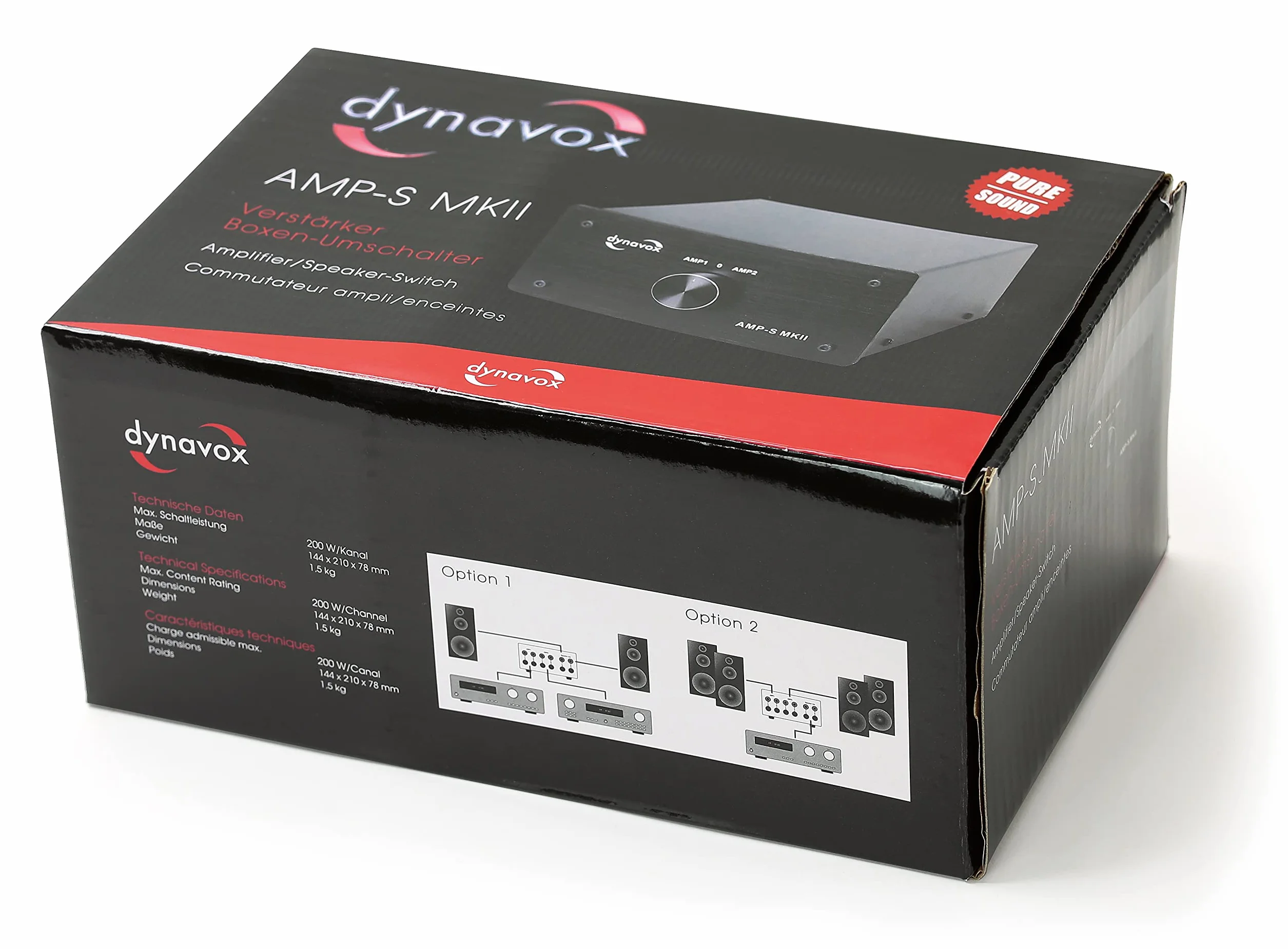 Dynavox AMP-S MKII, Verstärker- und Boxen-Umschalter in Metallgehäuse, für Stereo- und Surround-Verstärker, Verbindung über Bananenstecker oder Klemmanschluss, Schwarz