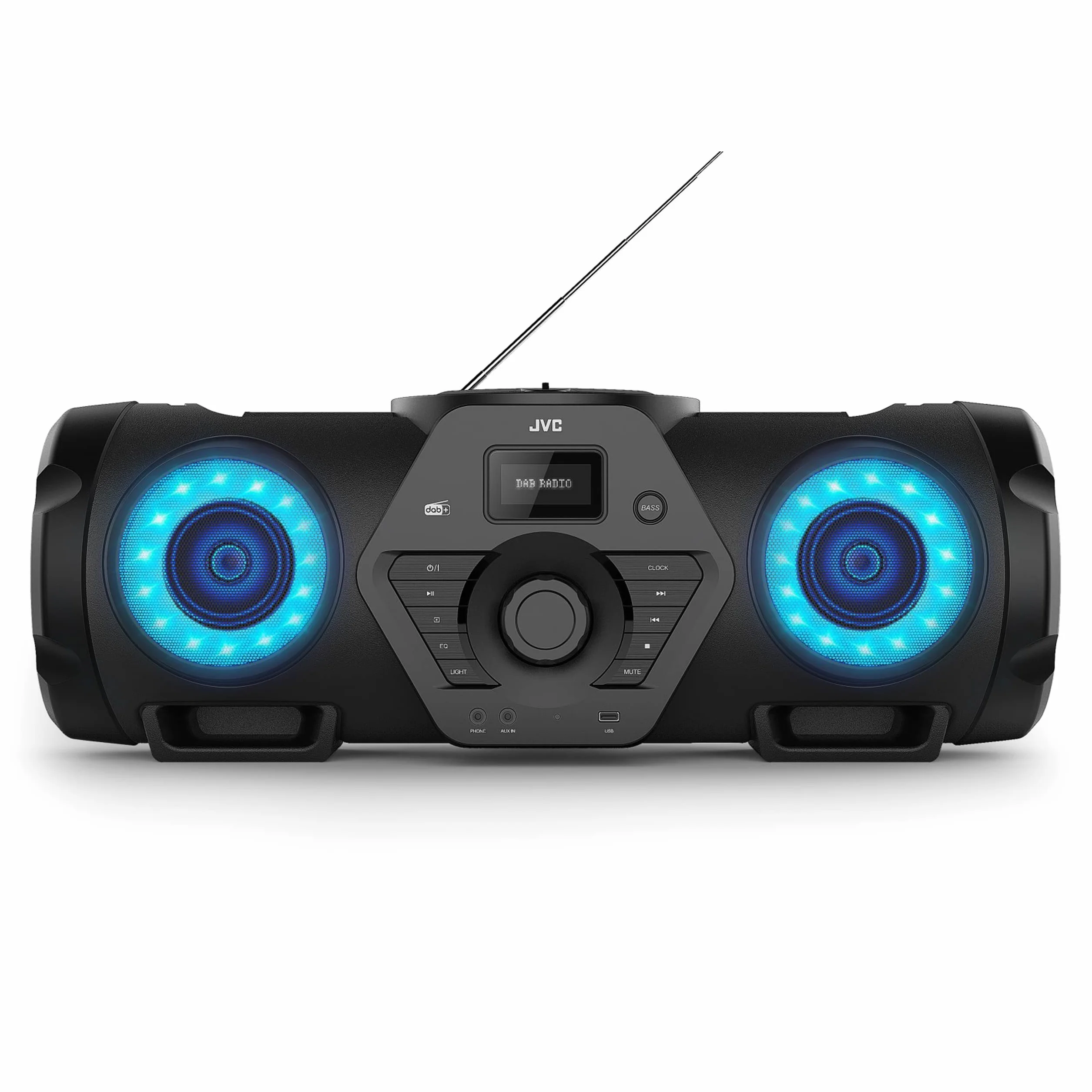 JVC Boomblaster RV-NB300DAB, 2 x 30 Watt, DAB+, UKW, Bluetooth, CD, USB, Line-In, Gitarren- & Mikrofoneingang, Fernbedienung