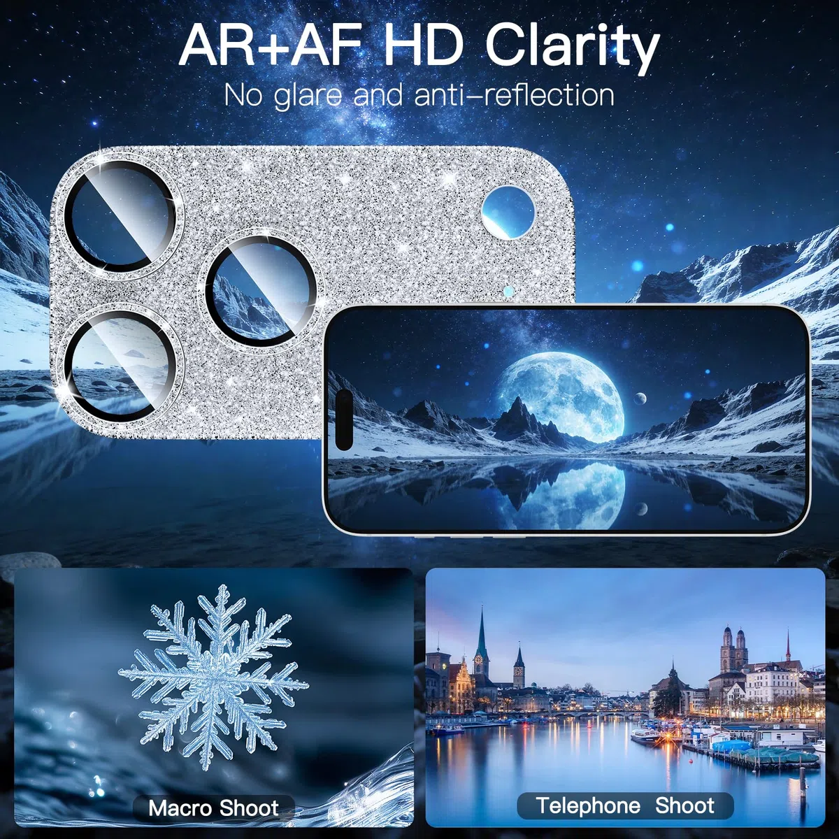 [2 Pack Bling Kamera Objektiv Bildschirmschutz für iPhone 17 Pro Max mit 9H gehärtetes Glas Luftfahrt Aluminium Platte Abdeckung Metallring, Nachtkreis, HD Klarheit-Glitter Silber