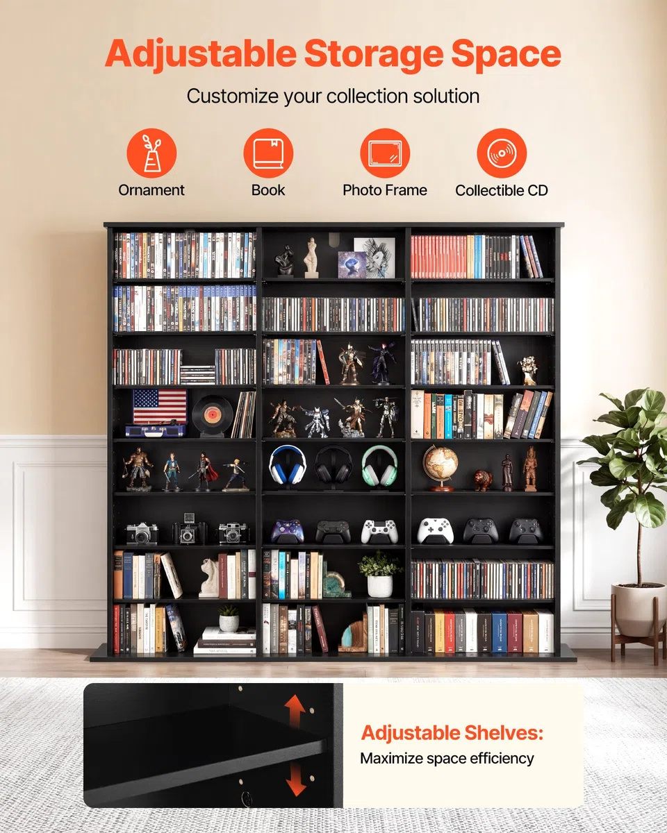 VEVOR DVD-Regal mit 24 Fächern (8 Ebenen), Medienregal Standregal 142 x 22 x 130 cm, Platzsparendes Aufbewahrungsregal für CDs DVDs Bücher Spiele-Discs, Bücherregal für Wohnzimmer/Homeoffice, Schwarz