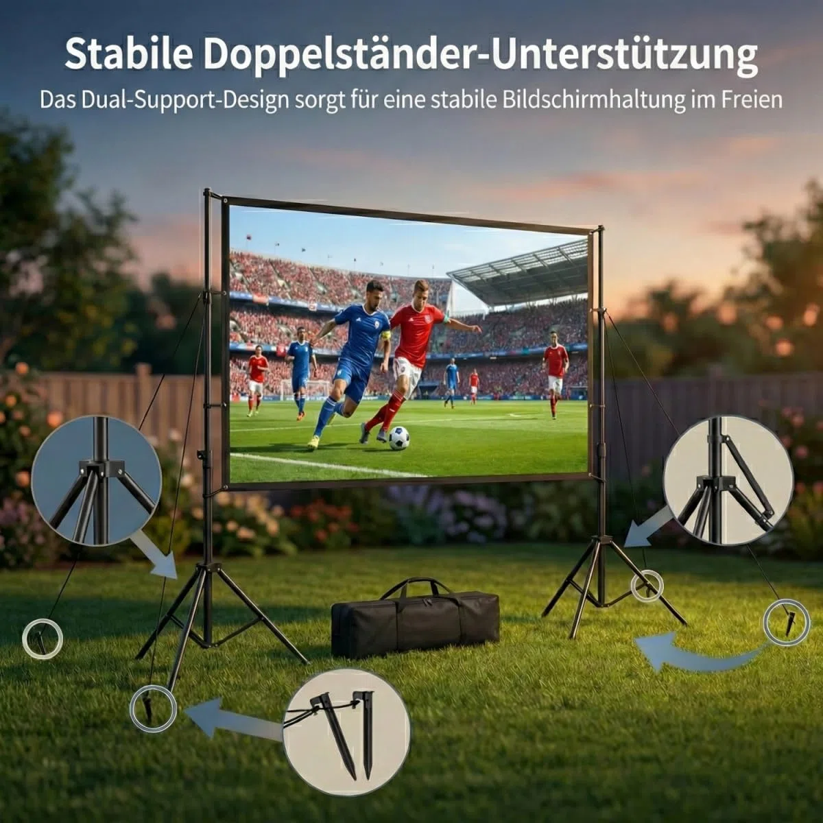 Leinwand Beamer mit Ständer 120 Zoll, Doppelstützen für mehr Stabilität, Schnell & Einfach Aufgebaut, Tragbar, Knitterarm, Beamer Leinwand für Outdoor und Garten, Growzelt