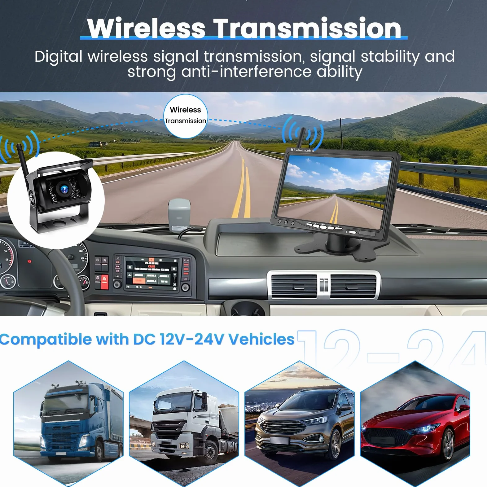 Kabelloses Rückfahrkameraset mit 7-Zoll-Bildschirm und 2 Wireless Rückfahrkameras, Nachtsicht, BSD, IP67 Wasserdicht, für Wohnmobile, LKWs und Wohnwagen, DC 12-24V