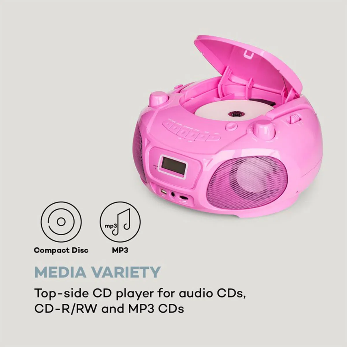 Auna Tragbarer Radio für Kinder mit CD Player, Mikrofon und USB, 3 W Boombox mit Bluetooth Funktion, AUX/FM Radio Tragbar mit LED-Display, MP3, 5.0 Streaming, CD-Radio mit für Mädchen und Jungen