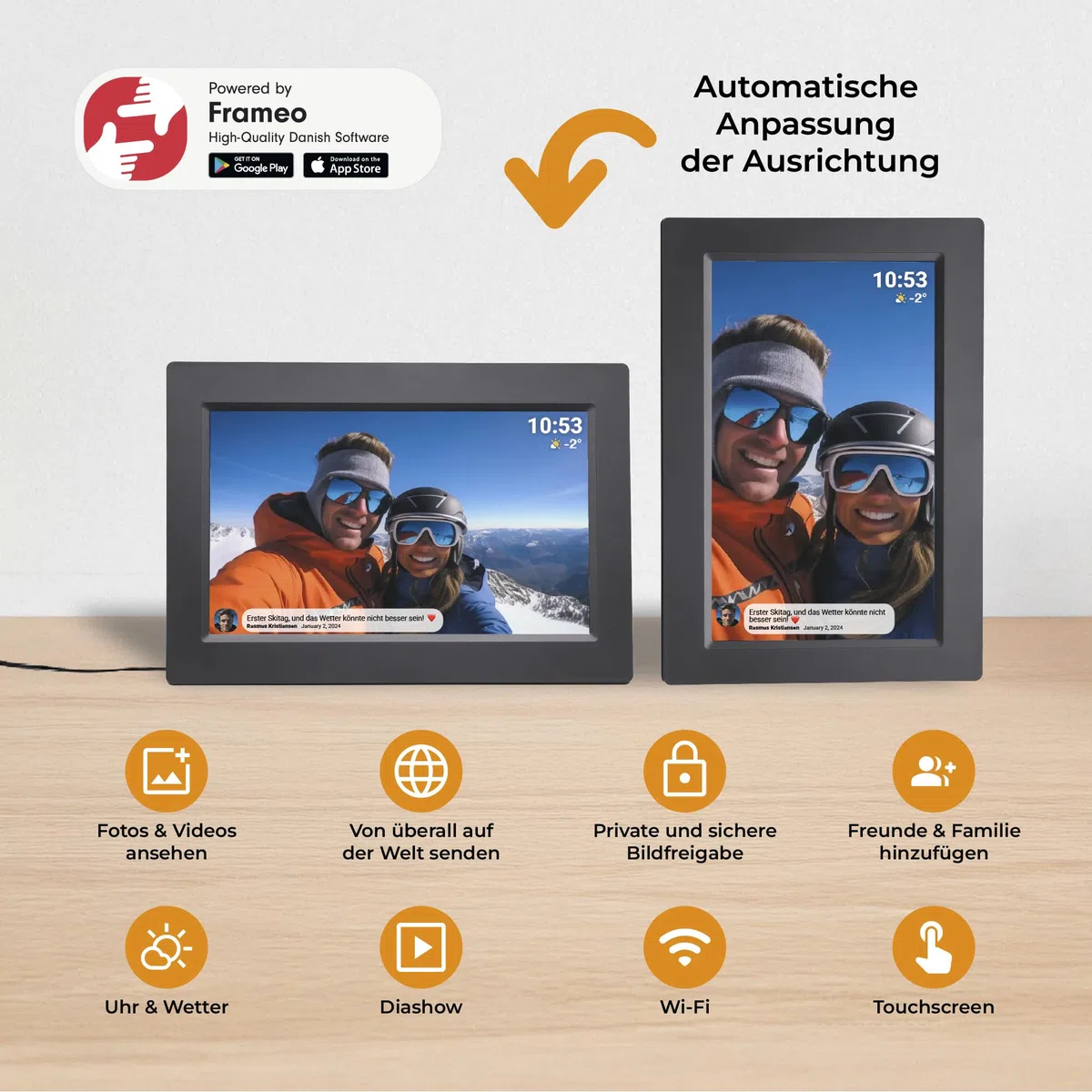 Denver Digitaler Bilderrahmen 10,1 Zoll mit WLAN – Frameo Digital Photo Frame mit Touchscreen & 16 GB Speicher – Elektrischer Fotorahmen mit App‑Steuerung - USB & microSD - Schwarz