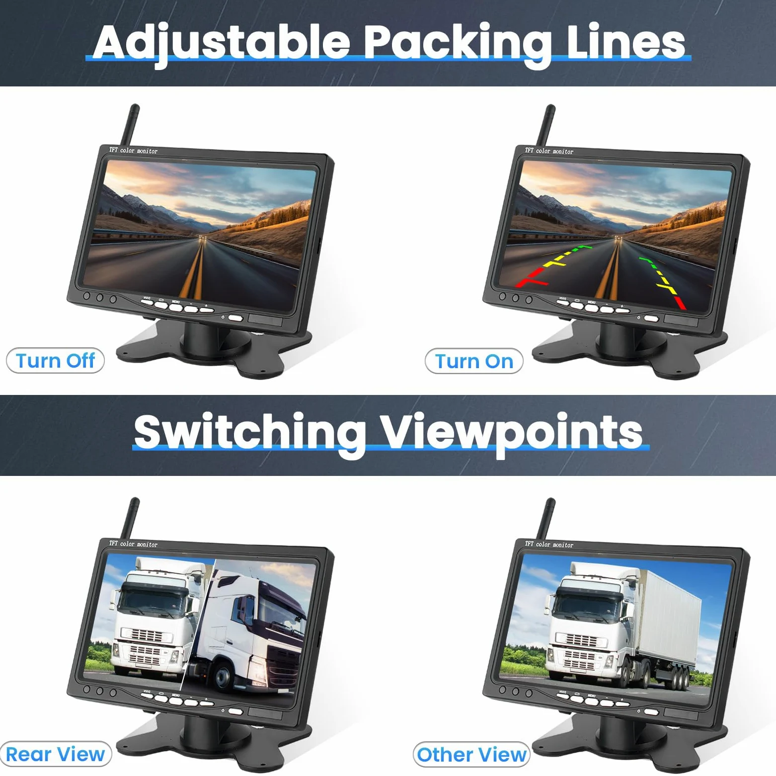 Kabelloses Rückfahrkameraset mit 7-Zoll-Bildschirm und 2 Wireless Rückfahrkameras, Nachtsicht, BSD, IP67 Wasserdicht, für Wohnmobile, LKWs und Wohnwagen, DC 12-24V