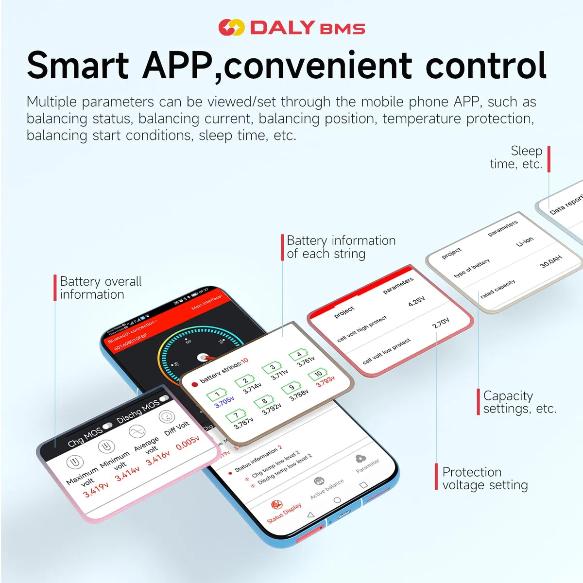 DALY Smart BMS 4S-24S 12V-72V 40A-500A mit Bluetooth-Modul, Batterieschutzplatine für LiFePO4-Akkupack (LifePO4 4S 12V 60A+BT-Modul)