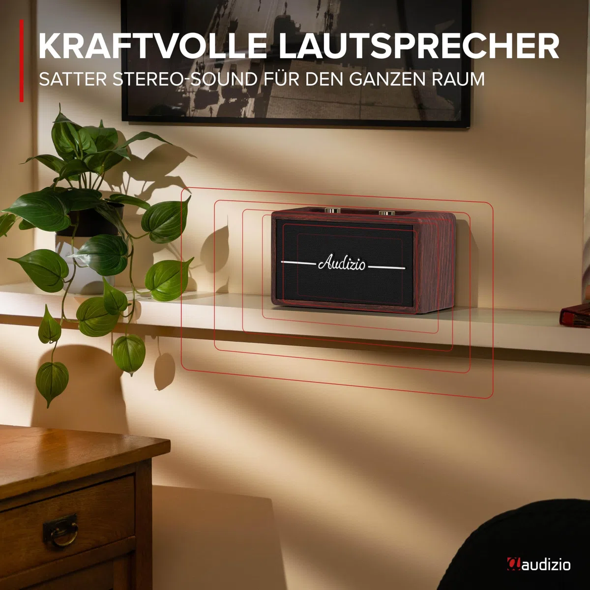 Audizio Tune60 - DAB Radio mit Bluetooth Lautsprecher, Fernbedienung, FM, 40 Watt, Batterie- Netzbetrieb, LCD, 20 Speicherplätze, USB/TF, AUX, Wecker, Leder Vintage DAB+ Radio - Dunkelbraun