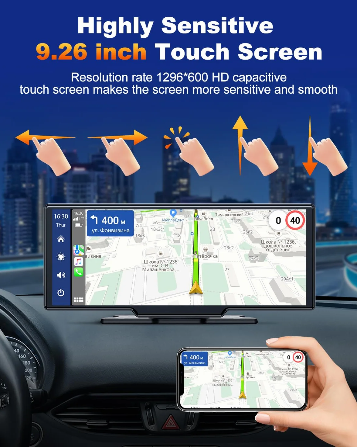Volam Wireless Carplay Android Auto Display mit 9,26 Zoll Touchscreen, Mirror Link, Live-Navigation, Musikspielen, Siri, Google-Assistent, Bluetooth 5,0, AUX, FM