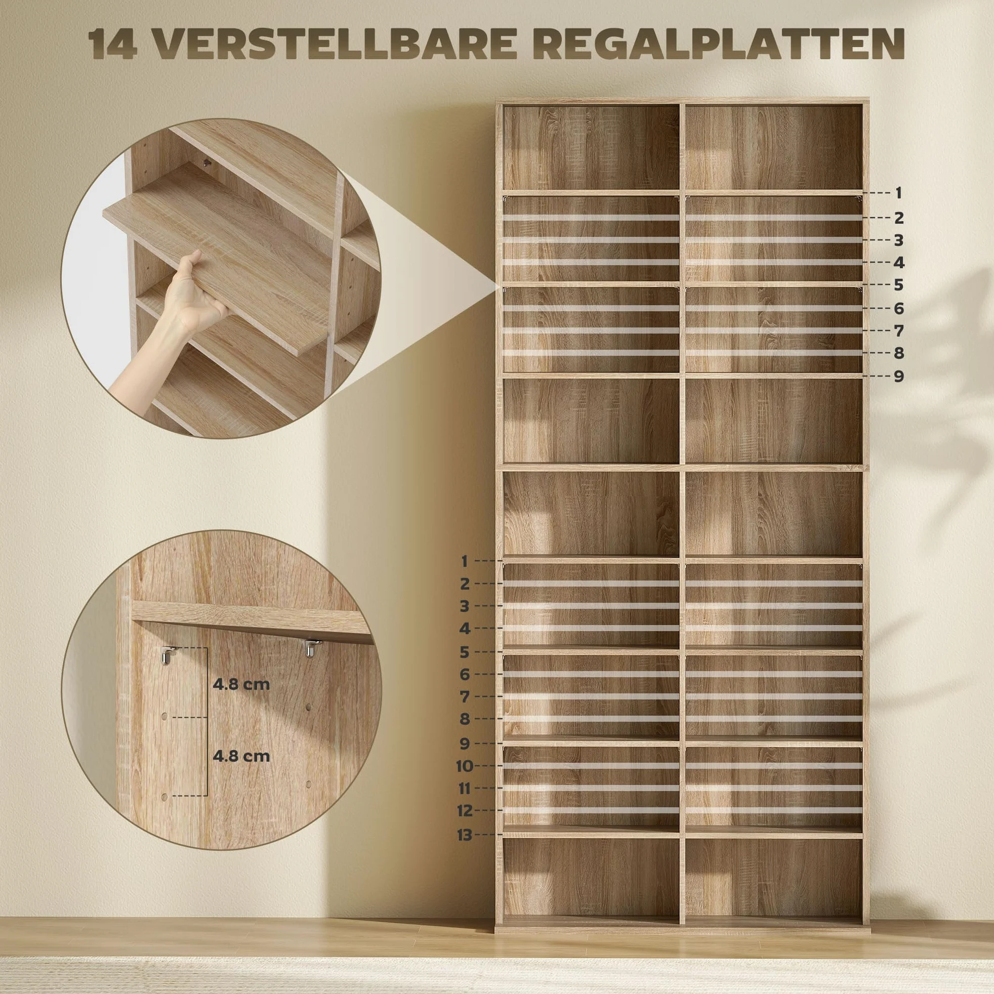 HOMCOM CD DVD Blueray Regal CD-Ständer für bis zu 640 CDs oder 360 DVDs oder 430 Blurays Aufbewahrung mit verstellbaren Regal Bücherregal Medienregal fürs Wohnzimmer 78,5 x 24 x 175 cm, Naturholz