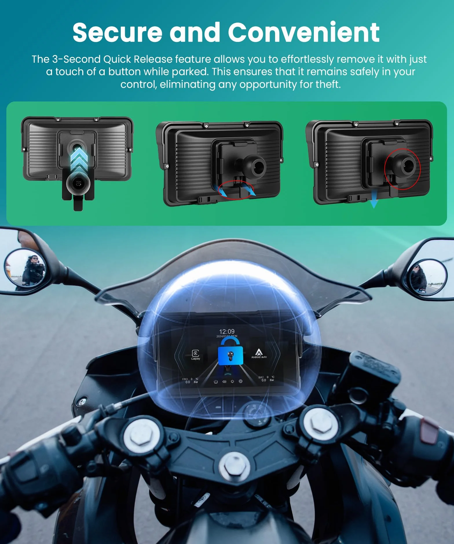 VECHTEL Motorrad Navi Kabelloses CarPlay und Android Auto per Moto, 5 Zoll HD Touchscreen GPS Navigation für Motorrad mit IP68 Wasserdicht, Bluetooth, Assistente Siri/GOO-gle, TPMS, Typ-C