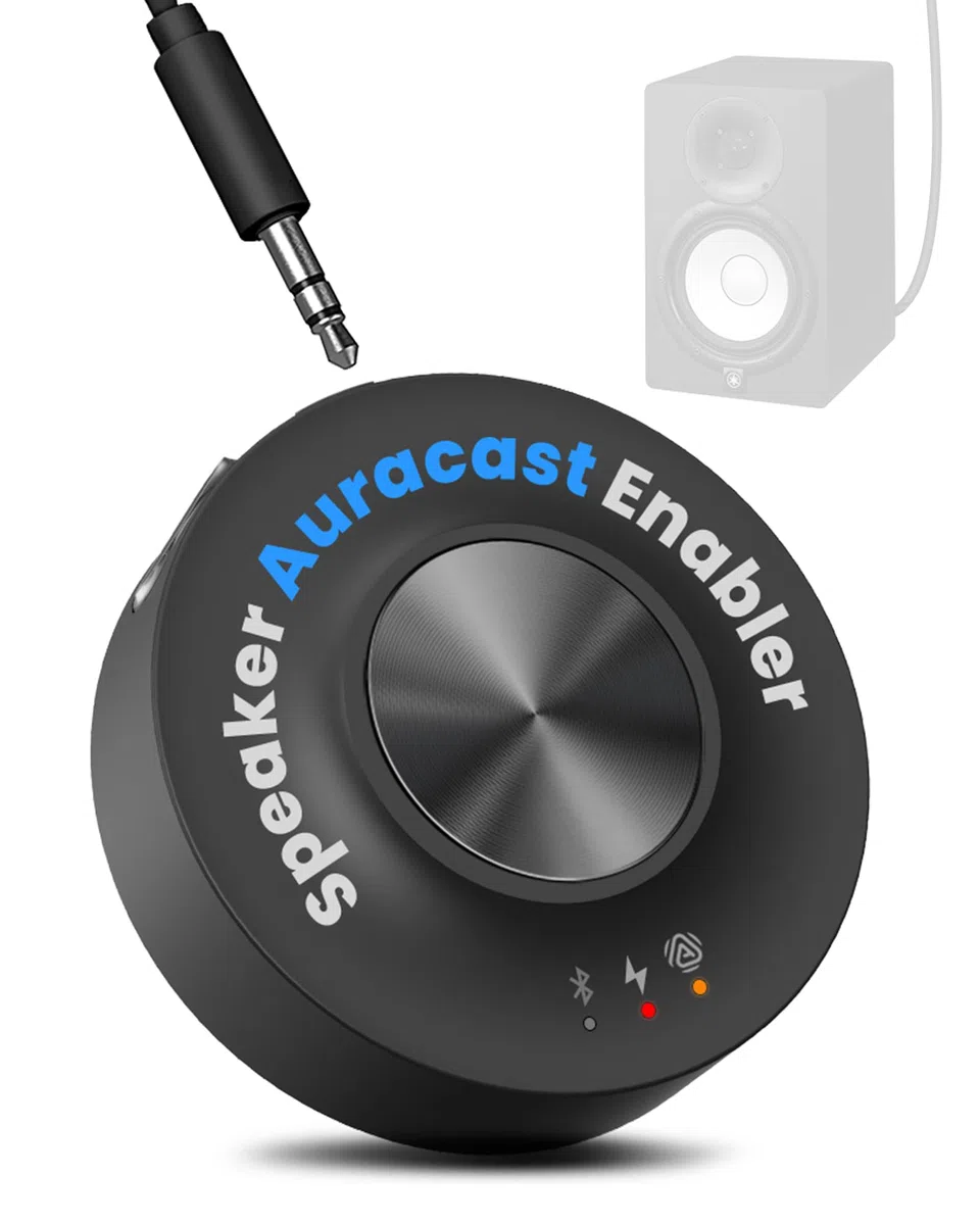 Venucast AuraLink - Auracast & Bluetooth-Empfänger für Aktive Lautsprecher & Audiosysteme, Multi-Empfänger-Unterstützung, 100 m Reichweite, tragbar oder stationär, Verbindung über 3,5 mm AUX & RCA
