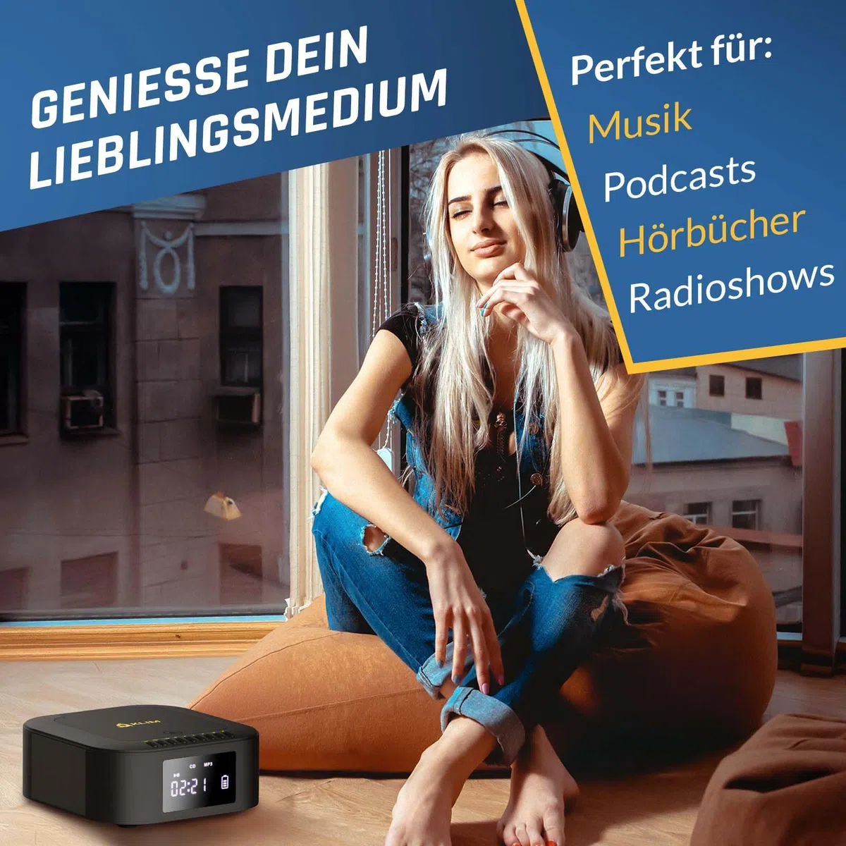 KLIM Boombox E1 Radio mit CD Player - BASS Boost mit Tieftöner - FM Radio, MP3, Bluetooth, AUX, USB - CD Player tragbar mit kabellosem Modus und aufladbaren Akku - Mit Fernbedienung - Schwarz/Gold