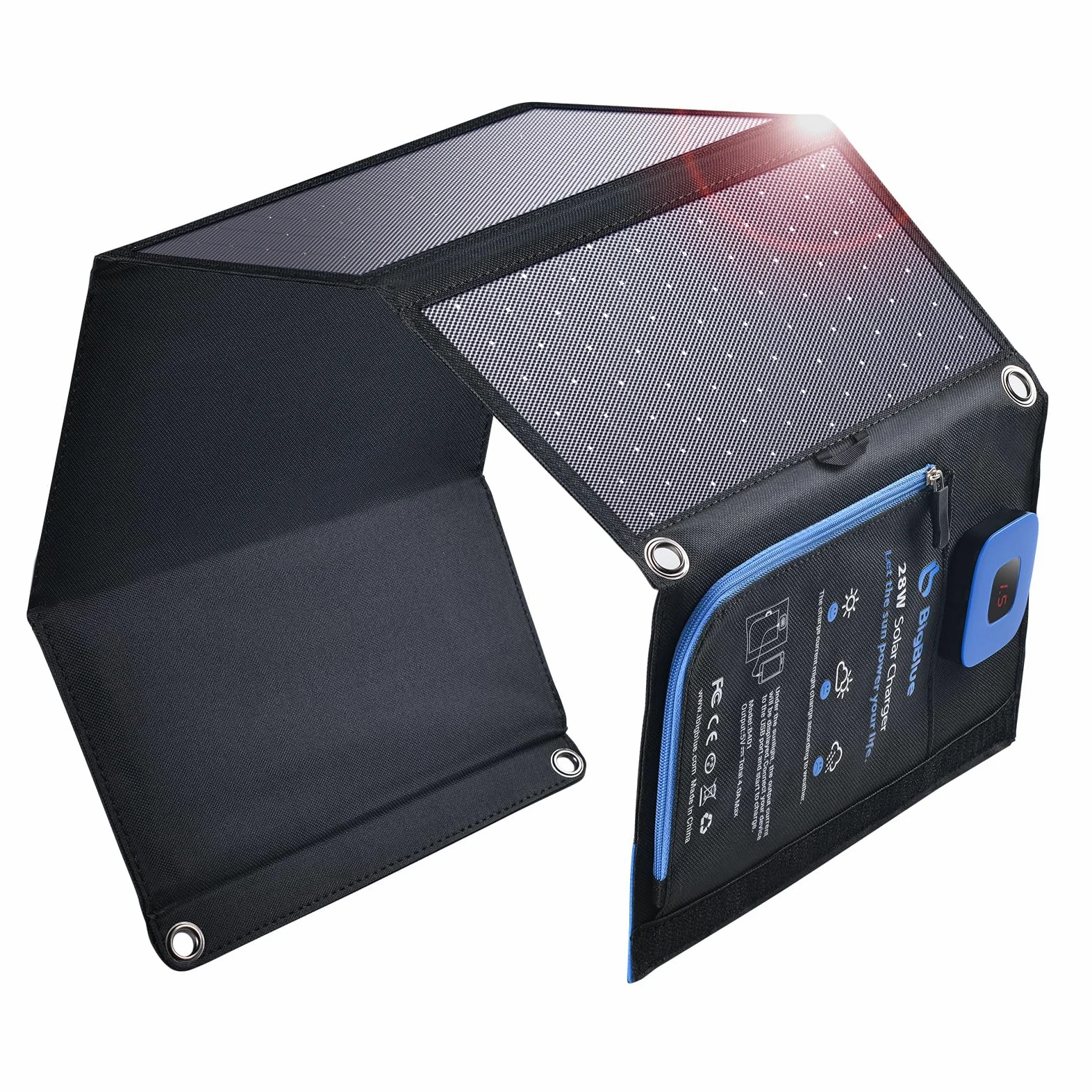 BigBlue 28W Tragbares Solar-Ladegerät mit 2 Ports (USB-C/USB-A), 5V/4A Gesamtausgang, IP44 Solarpanel mit Digital Amperemeter und Reißverschluss-Schutz für Geräte wie iPhone, Android, GoPro und mehr