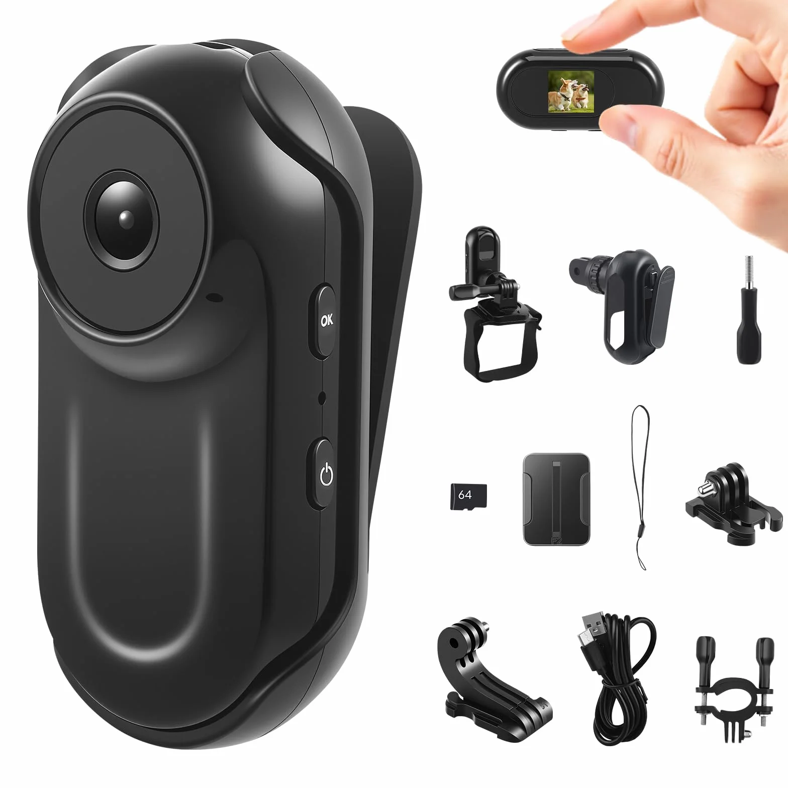 Mini Action Cam, 1080P Tragbare Body Kamera und 64 GB, 130° Bodycam Körperkamera, Outdoor-Reiten Actionkameras,Helmkamera für Fahrrad-und Motorrad-Helme