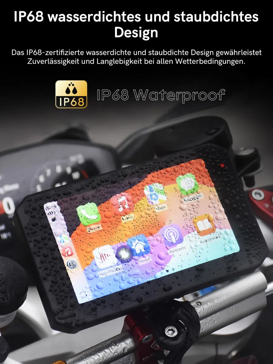 Motorrad Navi Display, CarPlay- & Android Auto kompatibel, 5 Zoll Wasserdichtem Touchscreen, Integriertes GPS, IP68 Wasserdicht, Front-/Rückkameras Motorrad Fahrrekorder