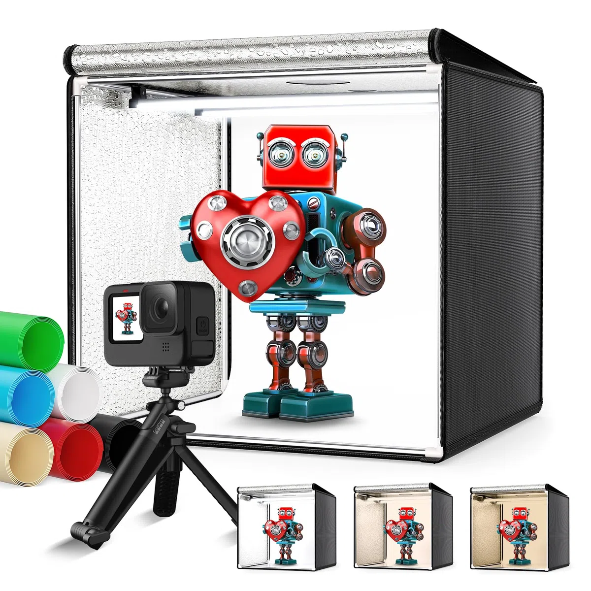 Fotobox, 60CM 5600K Ständer Fotografie Lichtbox, 0-100% Einstellbare Helligkeit Lichtbox Ausgestattet mit 6 Bunten Hintergrundtafeln und 126 LED-Perlen, Fotostudio Set für Produktfotografie