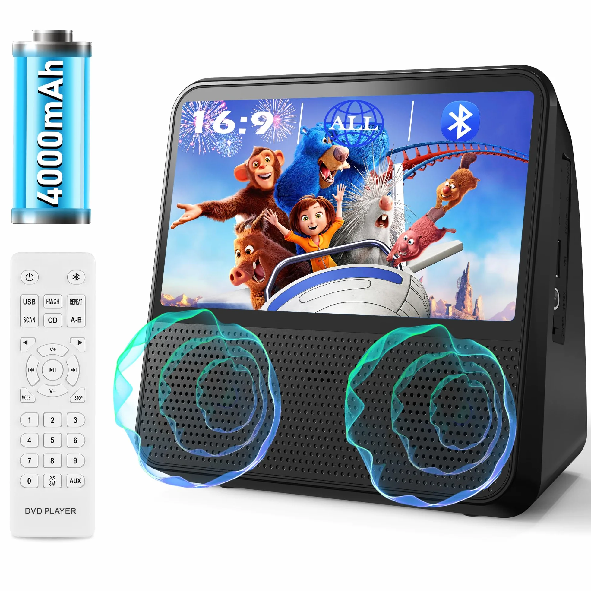 4000mAH wiederaufladbarer tragbarer DVD-Player, 9,8" HD DVD-Player für Kinder, unterstützt DVD/CD/Bluetooth/AUX/AV/USB, Timer, Helligkeitsregelung, Fernbedienung