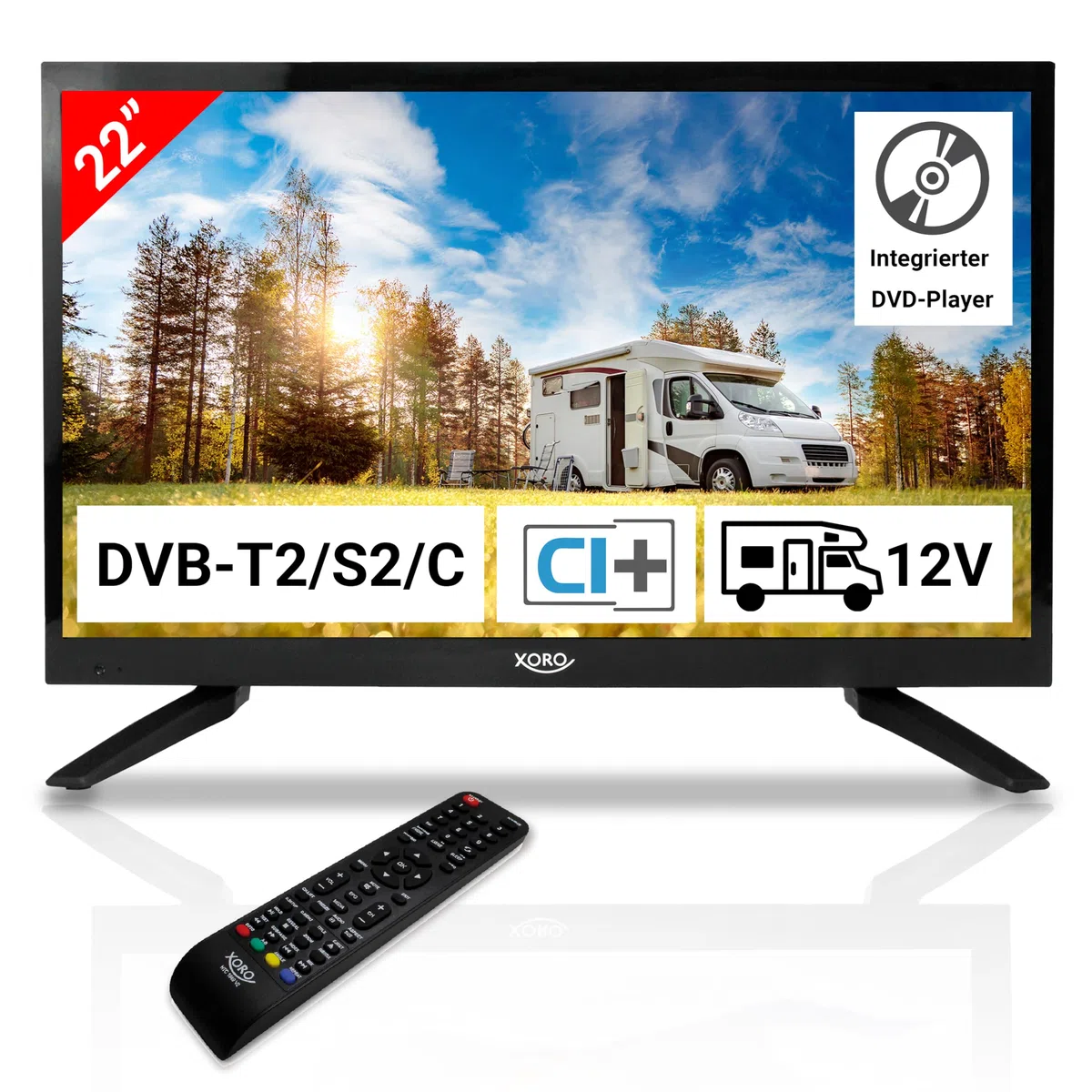 XORO HTC 2249 21.5" Zoll (55 cm) LCD Fernseher mit HDTV Triple Tuner, integrierter Slot-In DVD Player, USB 2.0 Mediaplayer, CI+ Schacht, 12V Anschluss, schwarz
