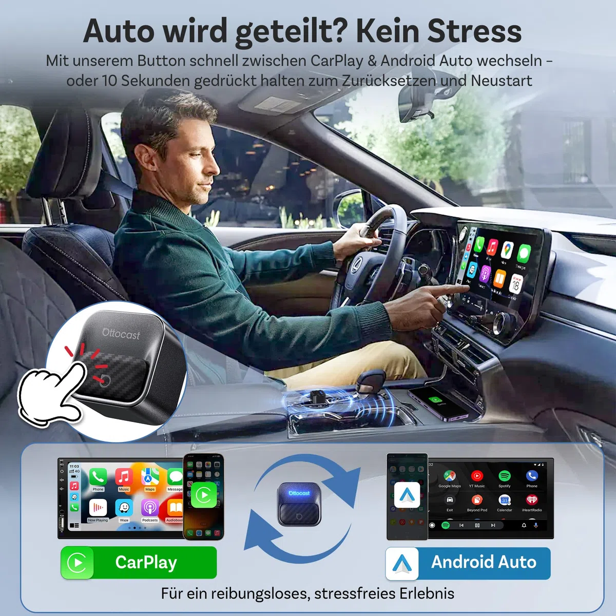 OTTOCAST Mini Core 2-in-1 Kabelloser CarPlay & Android Auto Adapter, Micro Mini Cube Wireless Car Dongle mit Smart-Switch-Taste, Wi-Fi 6 & Bluetooth 5.4, Automatische Verbindung für 98% der Fahrzeuge