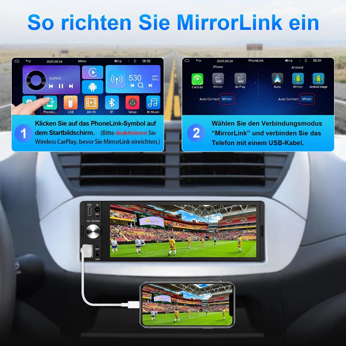 LEROAADZ 1 Din Autoradio mit Bildschirm Kompatibel mit Wireless CarPlay & Android Auto, 6,28 Zoll 1Din Car Radio with Carplay Display, Bluetooth, AM/FM RDS, USB/Typ-C, Aux-Eingang, Mirror Link