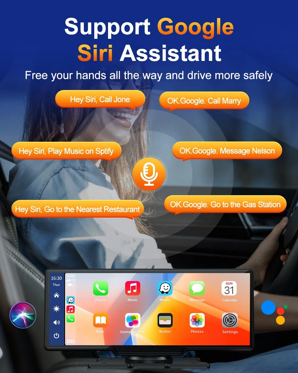 Volam Wireless Carplay Android Auto Display mit 9,26 Zoll Touchscreen, Mirror Link, Live-Navigation, Musikspielen, Siri, Google-Assistent, Bluetooth 5,0, AUX, FM