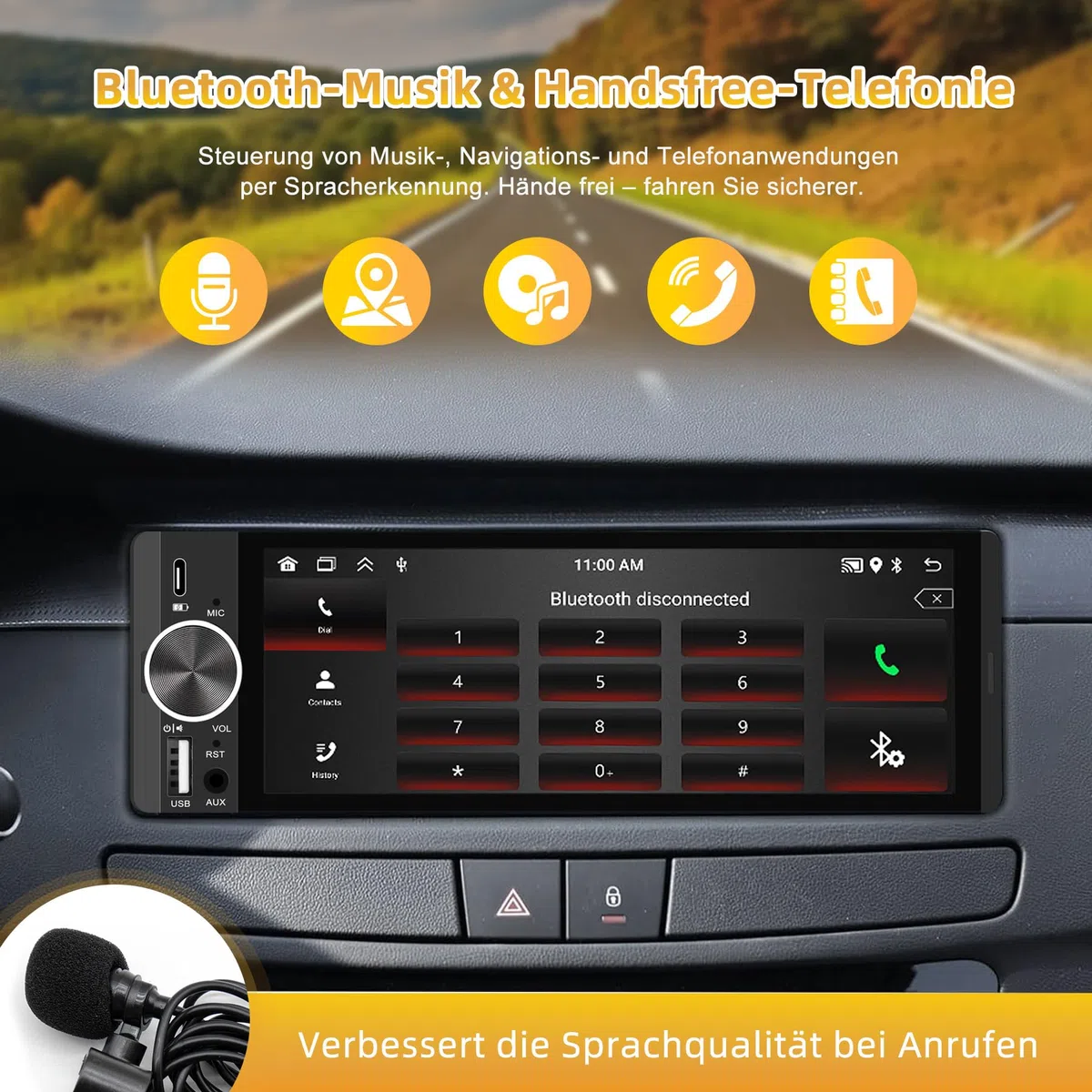 Autoradio mit Bildschirm, Single-DIN, Kabelloses CarPlay und Android Auto, 6,28-Zoll-Touchscreen mit Bluetooth, WLAN, MirrorLink, FM-Radio, Lenkradsteuerung, Equalizer, USB-C-Anschluss, Rückfahrkamera