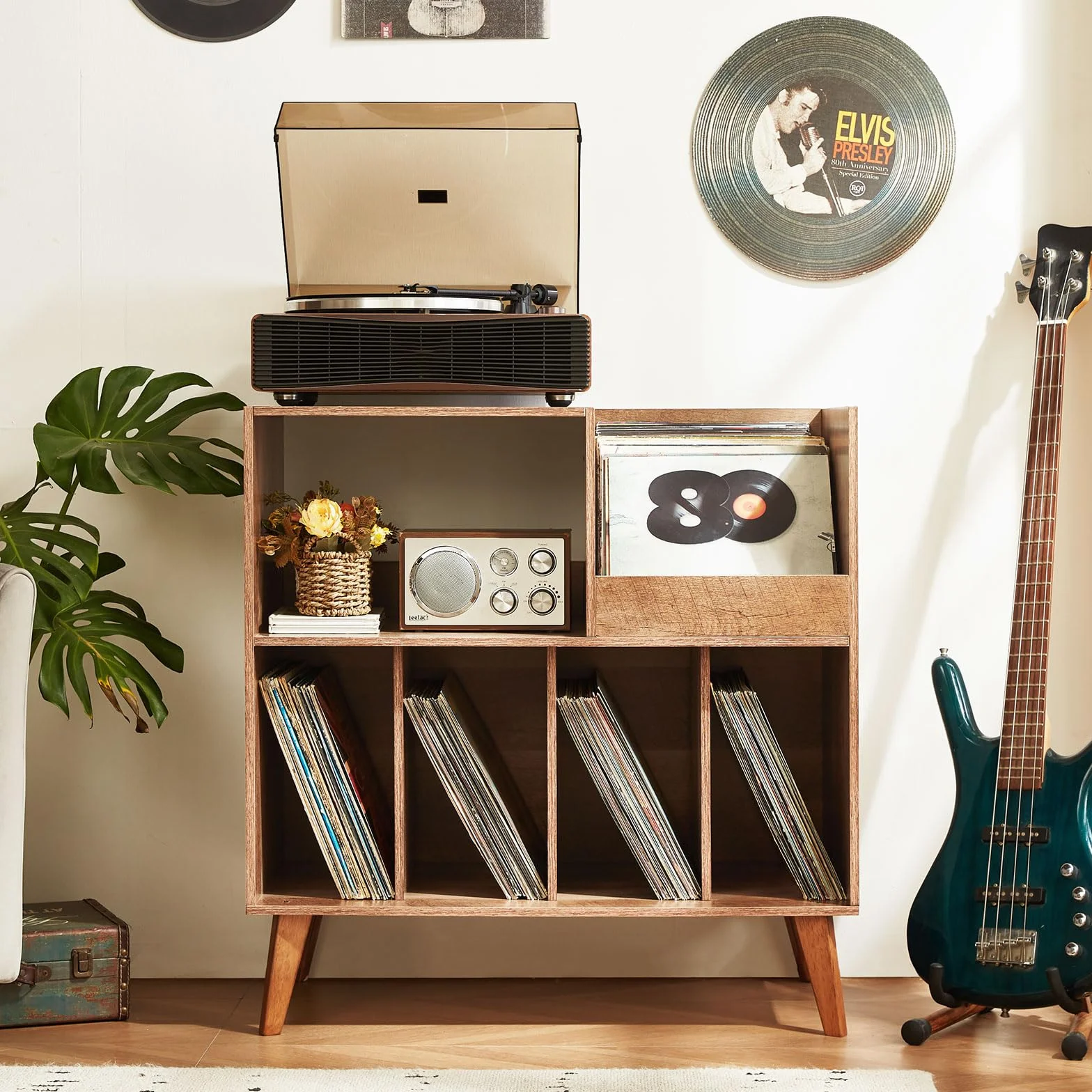 Großer Plattenständer mit Aufbewahrung,Plattenspieler-Ständer mit Ablage,Vinylplatten-Halterung mit Präsentationsfläche,Plattenständer für bis zu 300 Alben, Plattenregal für Musikzimmer und Wohnzimmer