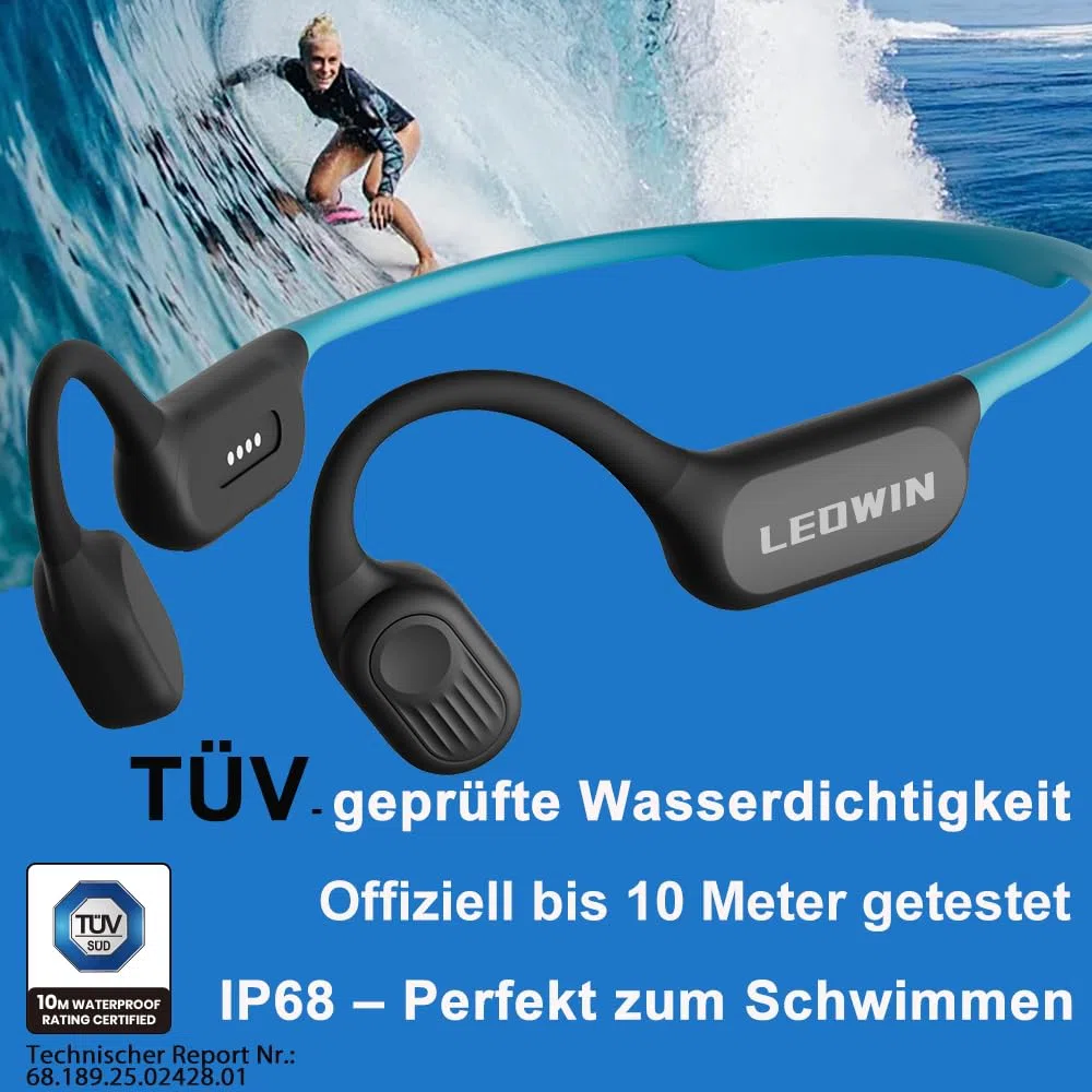 Leowin Knochenleitung Kopfhörer, TÜV geprüft bis 10 m wasserdicht, IP68 Open-Ear für Schwimmen & Sport, 32 GB MP3 Player, Bluetooth 6.0, 15 h Akku