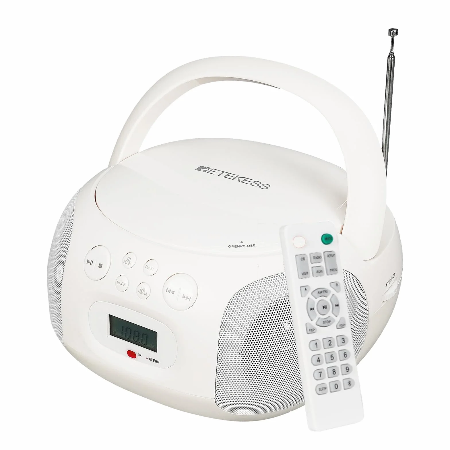 Retekess TR636 Tragbarer CD-Player, Boombox mit Bluetooth, FM Radio, USB,AUX-In,Sleep-Timer, Fernbedienung, Einfache Bedienung für Ältere Menschen (Weiß)