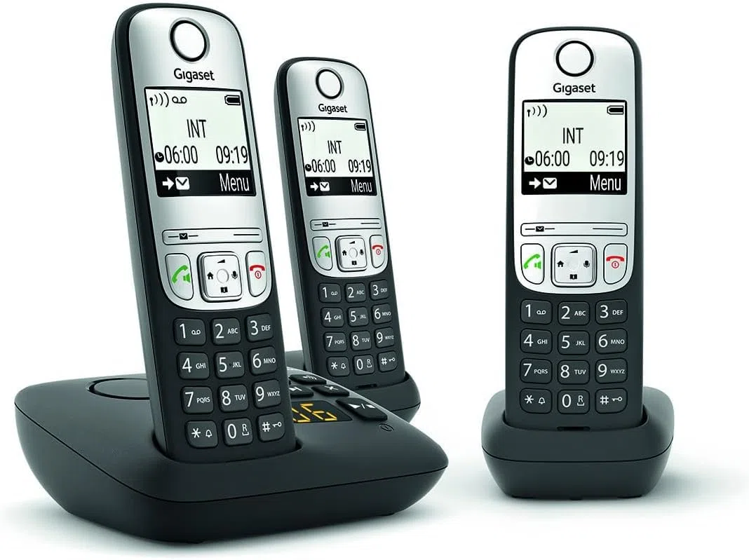 Gigaset A690A Trio Schnurlostelefon Anrufbeantworter mit Rufnummernanzeige ECO DECTGAP Schwarz + 2 zusätzliche Handsets