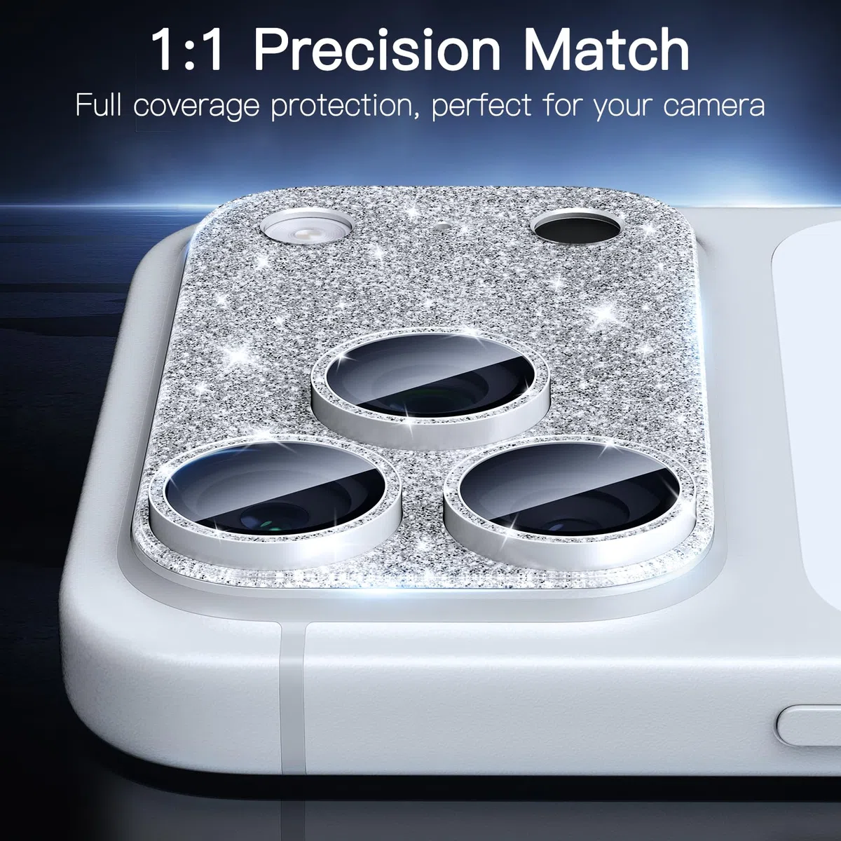 [2 Pack Bling Kamera Objektiv Bildschirmschutz für iPhone 17 Pro Max mit 9H gehärtetes Glas Luftfahrt Aluminium Platte Abdeckung Metallring, Nachtkreis, HD Klarheit-Glitter Silber