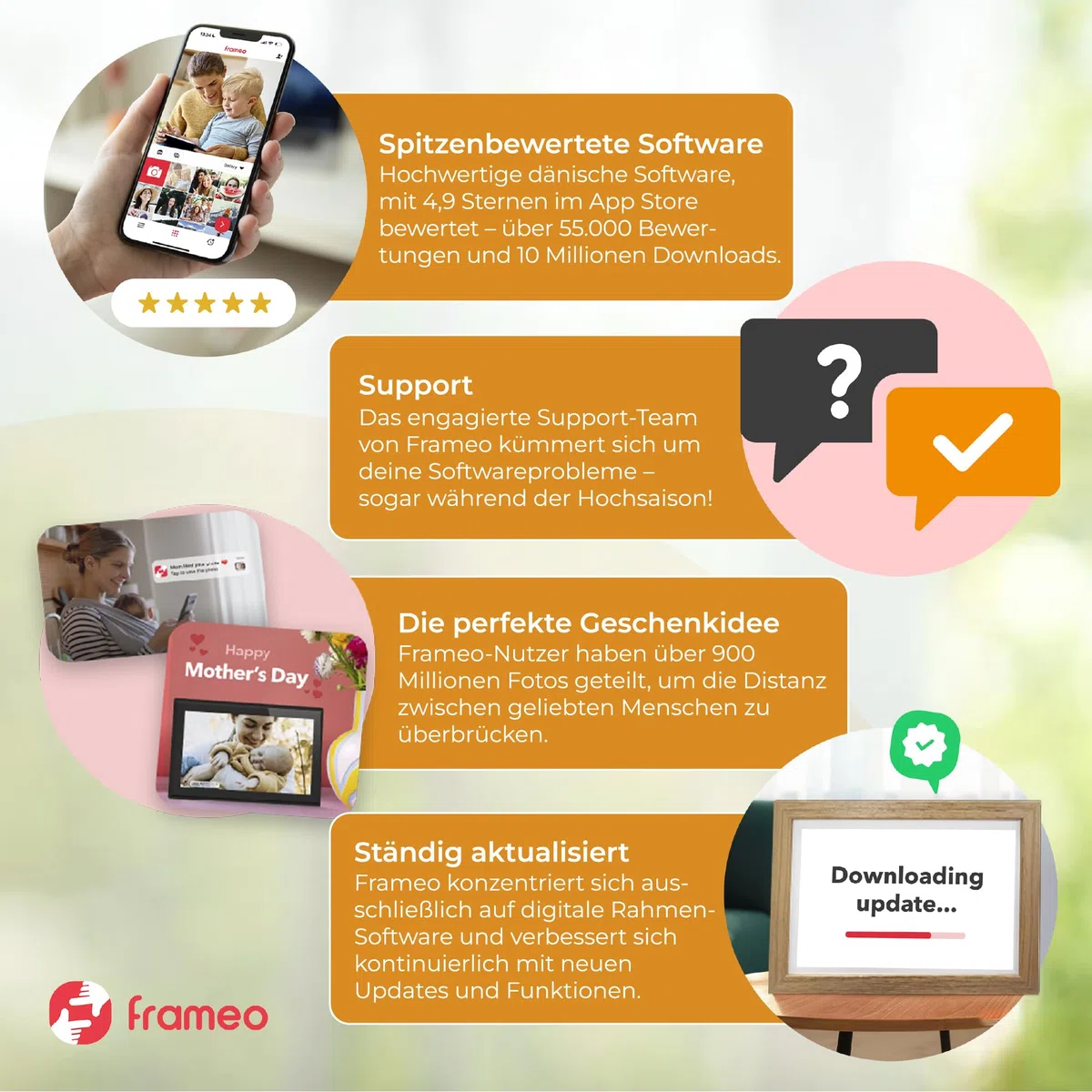 Denver Digitaler Bilderrahmen 10,1 Zoll mit WLAN – Frameo Digital Photo Frame mit Touchscreen & 16 GB Speicher – Elektrischer Fotorahmen mit App‑Steuerung - USB & microSD - Schwarz