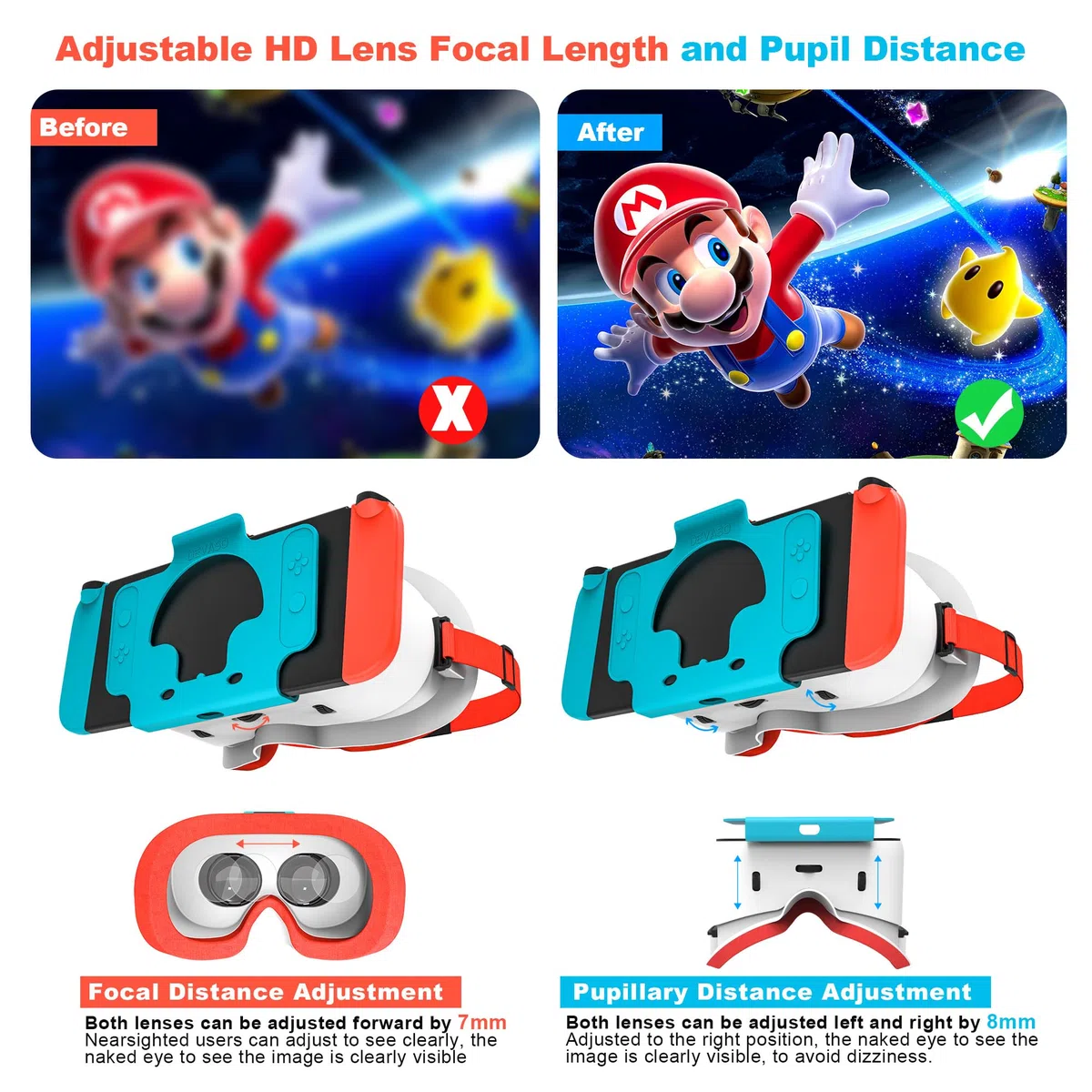 VR-Headset für Nintendo Switch & OLED-Modell, verbessern Sie Ihre Switch 1/OLED VR-Spiele mit Virtual Reality 3D-Brille, verstellbaren HD-Objektiven und bequemem Kopfband, coole Brillen für Kinder