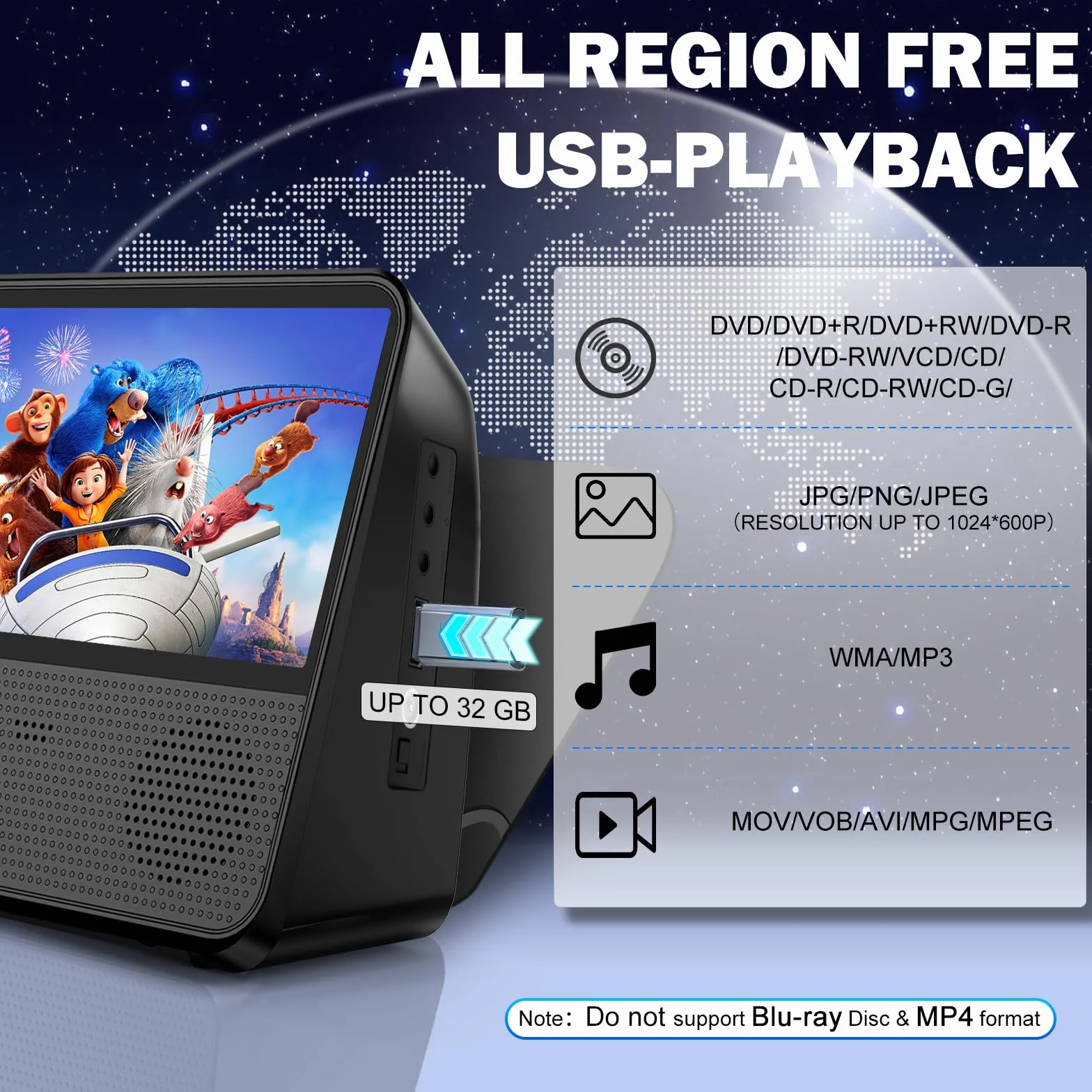 4000mAH wiederaufladbarer tragbarer DVD-Player, 9,8" HD DVD-Player für Kinder, unterstützt DVD/CD/Bluetooth/AUX/AV/USB, Timer, Helligkeitsregelung, Fernbedienung