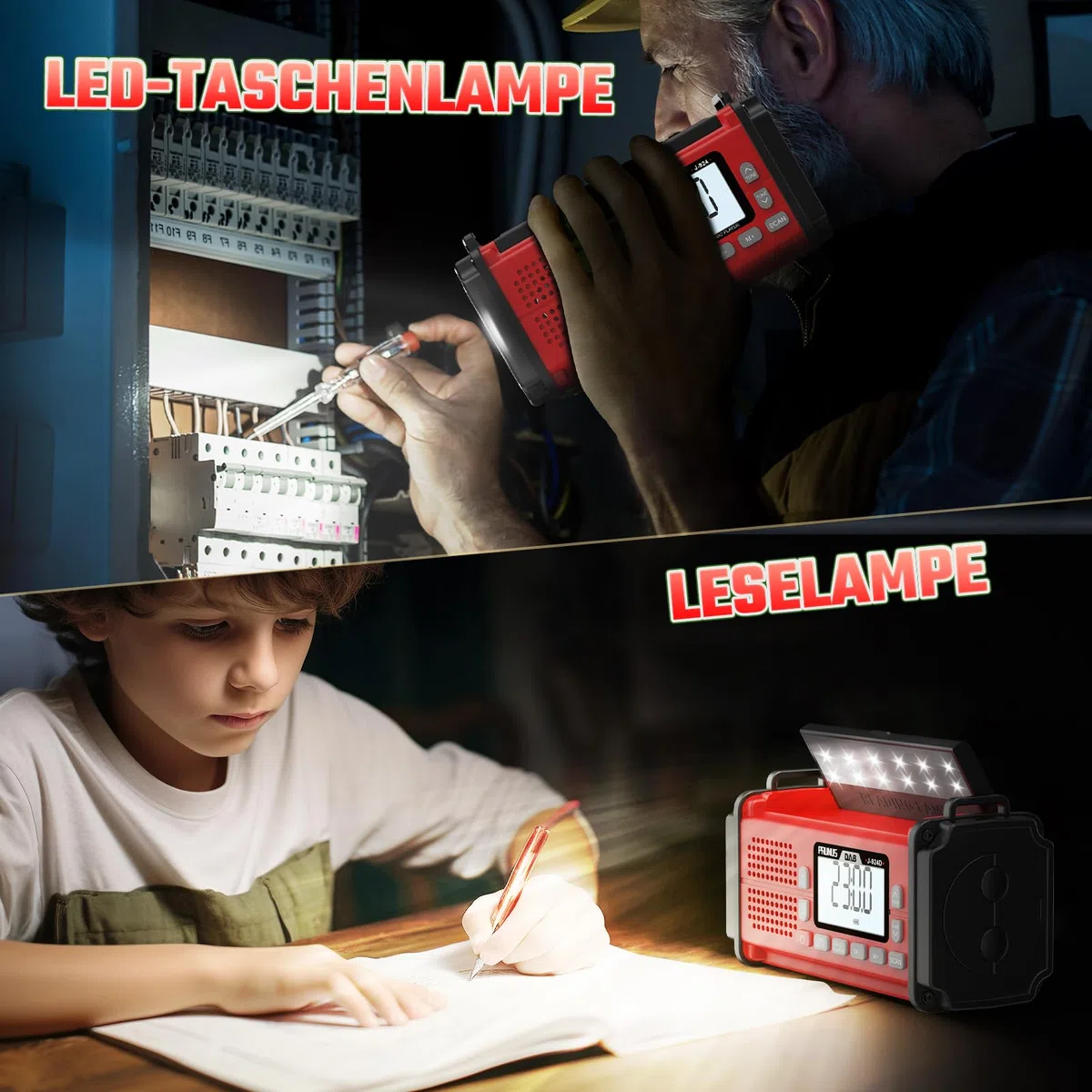 PRUNUS J-924 Digital Radio DAB+/UKW, Kurbelradio Notfall mit 10000mAh Akku, DAB Radio mit Bluetooth, Notfallradio mit Taschenlampe/SOS Alarm/Handyladefunktion für Ourdoor, Notfall. (Rot)