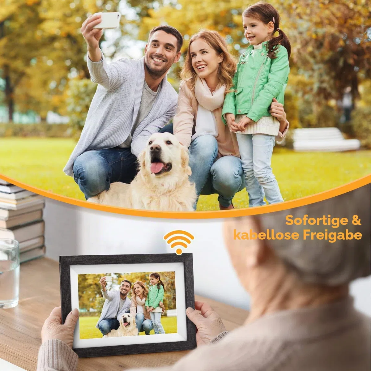 Frameo Digitaler Bilderrahmen WLAN, FUMAT 10.1 Zoll Elektronischer Bilderrahmen Digital 32 GB Speicher, Einfache Teilen von Fotos und Videos über Frameo App, Automatische Drehung,IPS HD Touchscreen