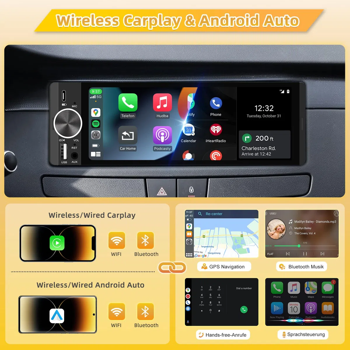 Autoradio mit Bildschirm, Single-DIN, Kabelloses CarPlay und Android Auto, 6,28-Zoll-Touchscreen mit Bluetooth, WLAN, MirrorLink, FM-Radio, Lenkradsteuerung, Equalizer, USB-C-Anschluss, Rückfahrkamera