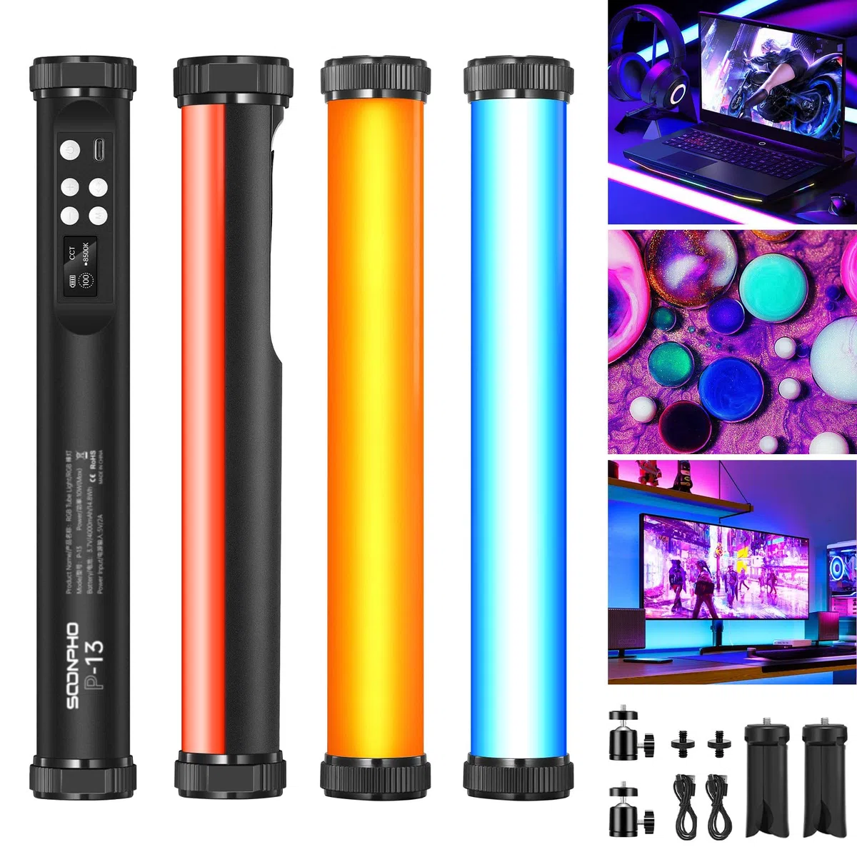 Soonpho 2 Pack Leuchtstab RGB Light Tube Stick LED Lichtstab Studio mit 4000mAh Akku,CRI 97+,2500K-8500K,Einstellbare Helligkeit 21 Effekte für TikTok,YouTube