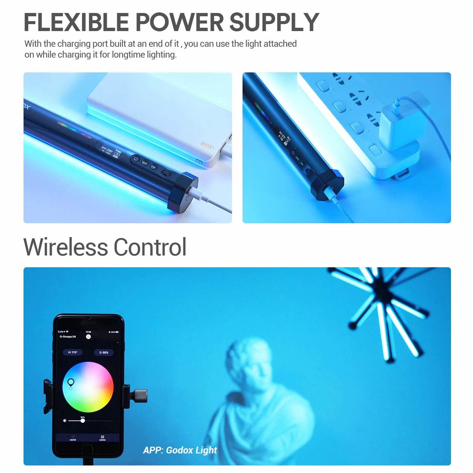 Godox TL30 RGB LED-Licht Stick, CRI 97 und TLCI 99, Tube Light mit RGB/CCT/HSI/FX-Modus, 2700k-6500K, APP Control mit integrierter Lithiumbatterie für Schießen, Live-Übertragung