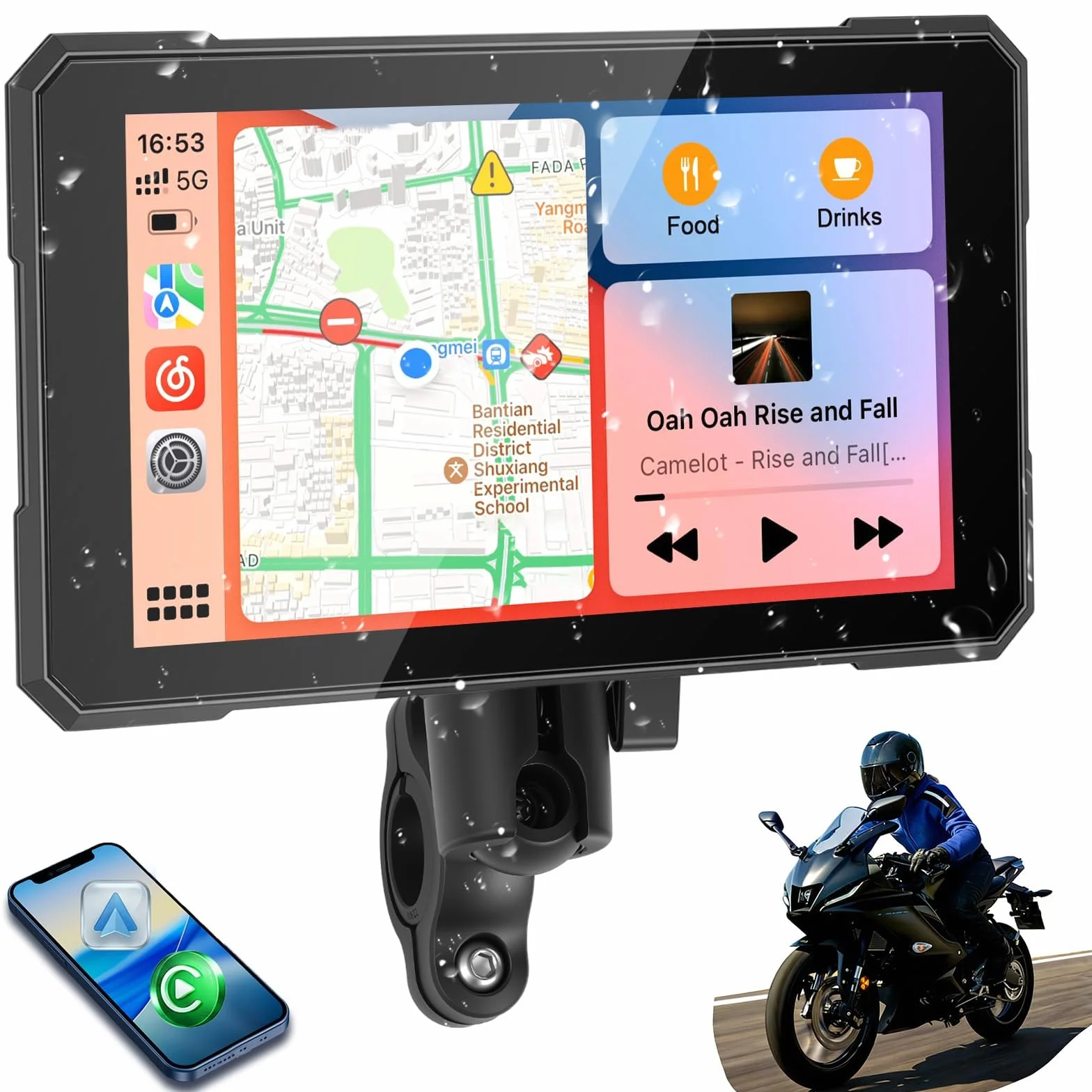 5 Zoll Carplay Motorrad mit kabellosem CarPlay und Android Auto, IP67 Wasserdicht, Reifendrucküberwachung, GPS Navigation und Sprachsteuerung – Für Alle Motorräder Geeignet