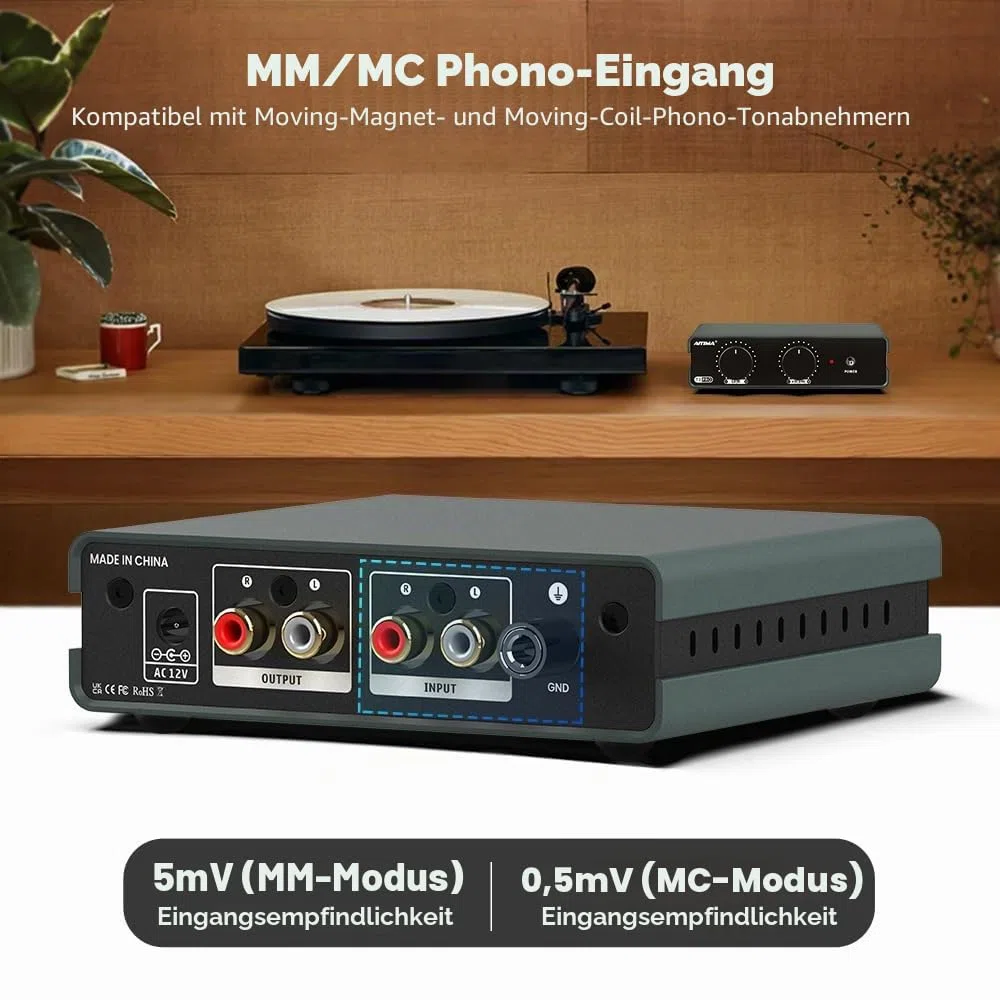 AIYIMA T3PRO MM/MC RIAA Phono-Vorverstärker für Plattenspieler/Schallplattenspieler/Heimverstärker, professioneller Phonographen-Vorverstärker mit Verstärkungs- und Lautstärkeregelung und AC-Netzteil