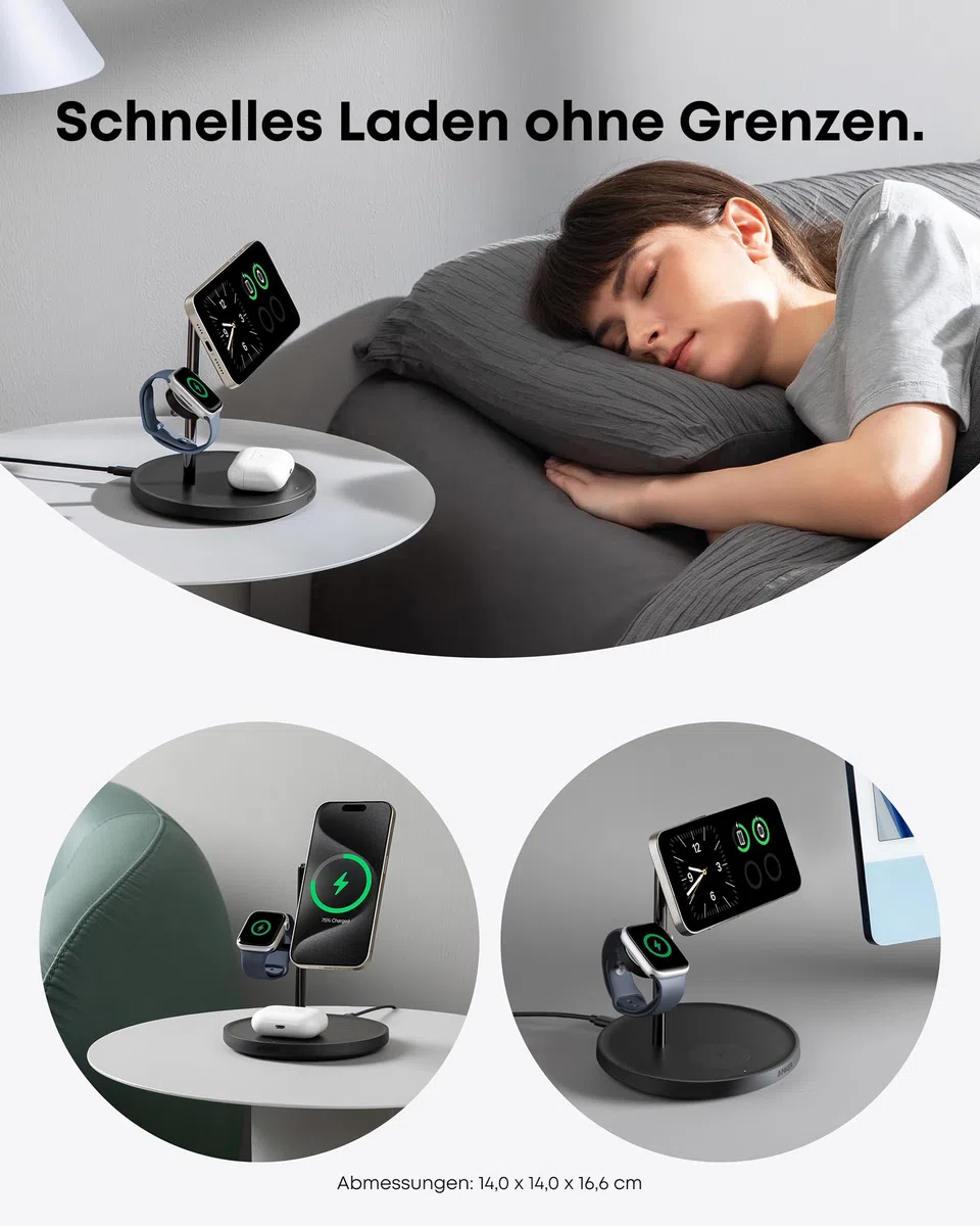Anker MagGo 3-in-1 Kabellose Ladestation, 15W kabelloser Ladeständer, MagSafe-kompatibel, Qi2-zertifiziert, für iPhone 17/16/15/14 Serie, AirPods Pro, Apple Watch Ultra (Mit USB-C Netzteil und Kabel)