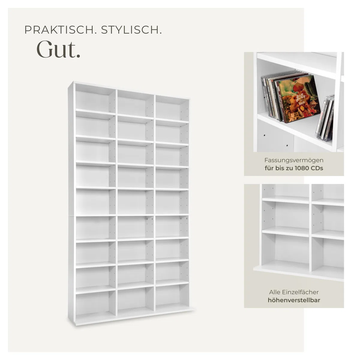 tectake Regal Aufbewahrung, offene Schrank Wand stehend für CDs, DVDs, als Bücherregal, Raumtrenner, Ständer oder Vitrine für Sammlungen und Hobby - weiß