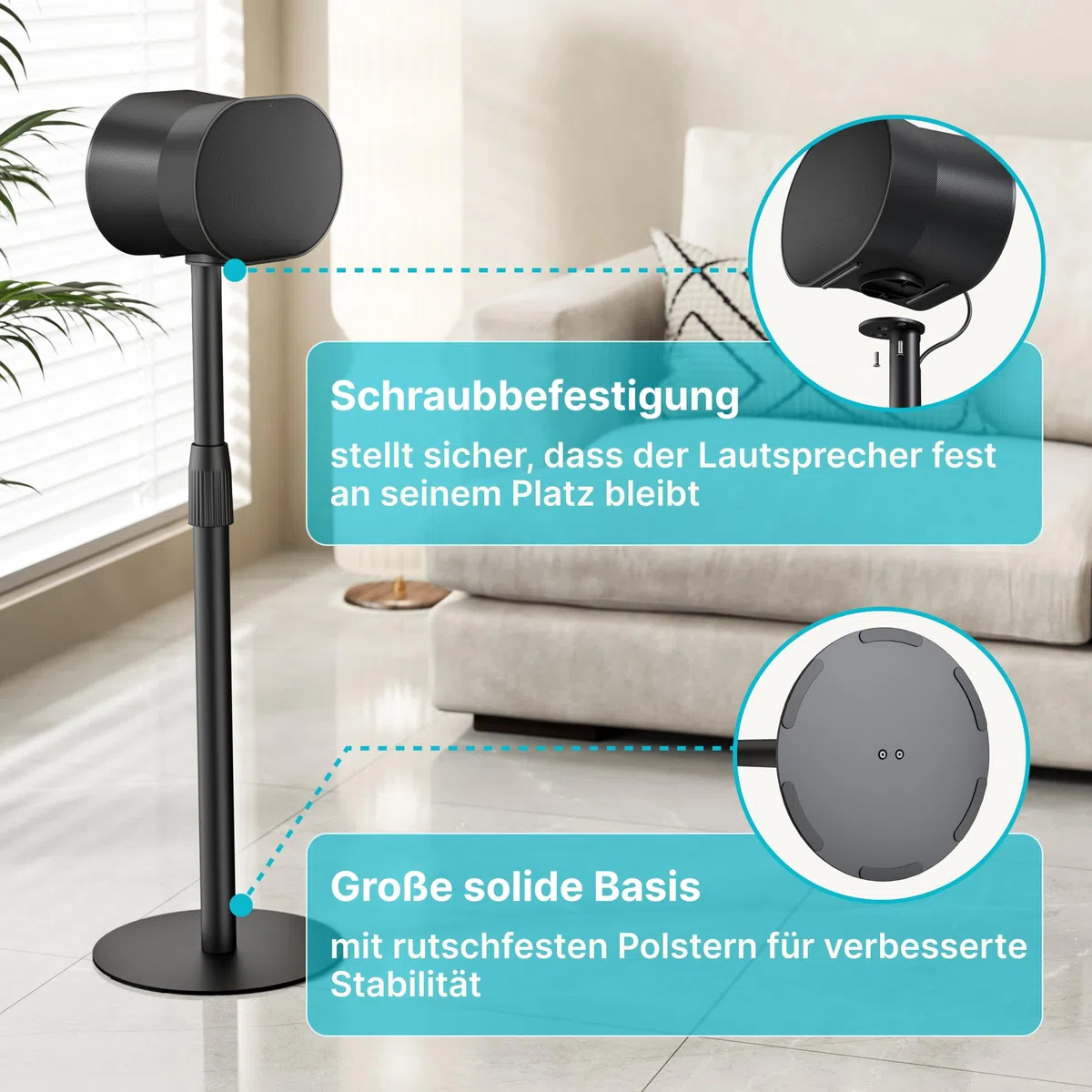 PEGZONE Höhenverstellbare Lautsprecherständer kompatibel mit Sonos Era 100&300, 68,2-106,8 cm, 5 kg Traglast, Anti-Rutsch-Basis Ø 30 cm, Schwarz