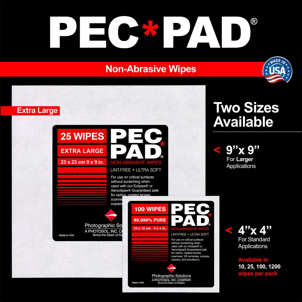 PEC-PAD Lint Free Wipes 4”x4” Non-Abrasive Ultra Soft Cloth for Cleaning Sensitive Surfaces like Camera, Lens, Filters, Film, Scanners, Telescopes, Microscopes, Binoculars. (100 Sheets Per/Pkg) 4-Pack