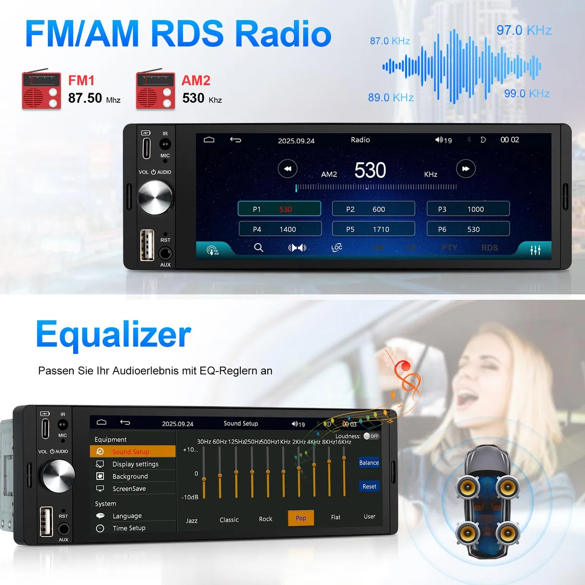 LEROAADZ 1 Din Autoradio mit Bildschirm Kompatibel mit Wireless CarPlay & Android Auto, 6,28 Zoll 1Din Car Radio with Carplay Display, Bluetooth, AM/FM RDS, USB/Typ-C, Aux-Eingang, Mirror Link