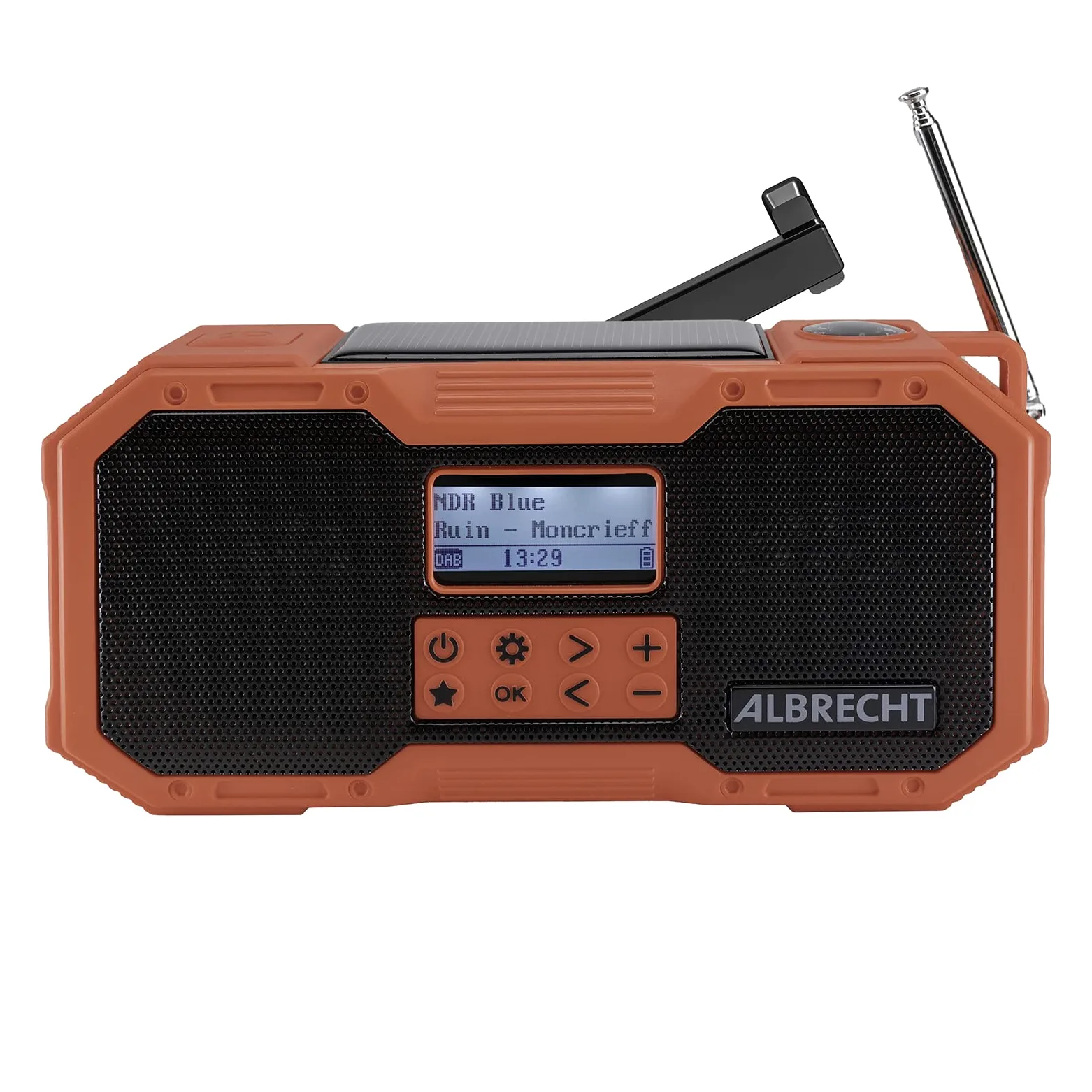 Albrecht DR 112, tragbares DAB+/UKW Outdoor Kurbelradio, 27911, SOS-Notruf, Taschenlampe, Solarmodul, PowerBank, IPX5 Wasserschutz