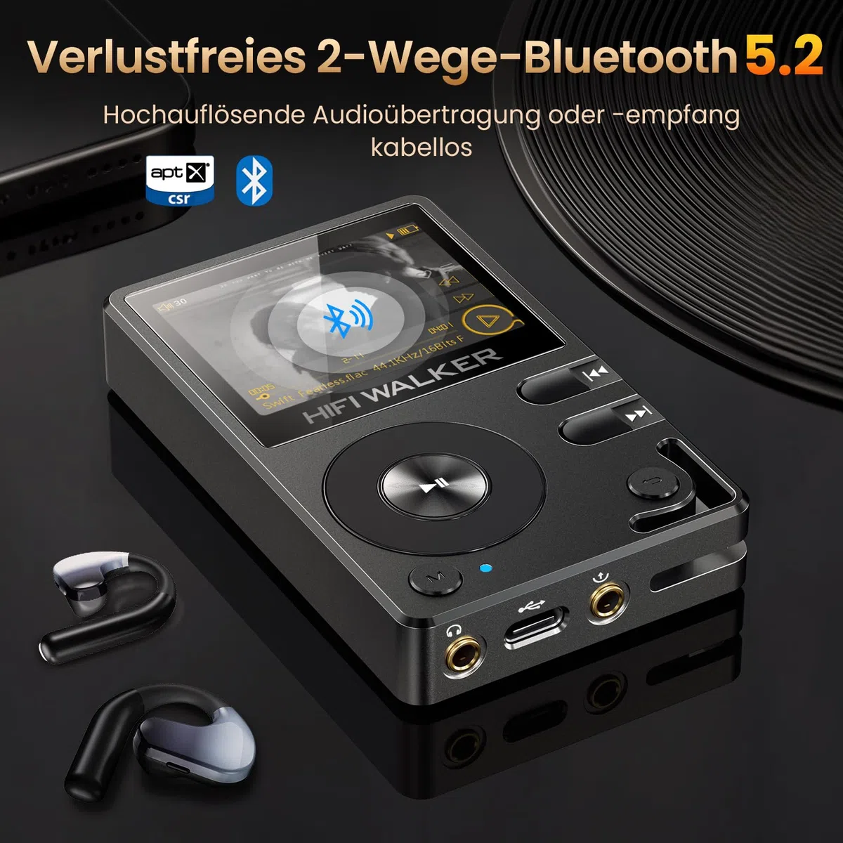 HIFI WALKER H2 MP3 Player mit Bluetooth 5.2, DSD DAC Hi-Res FLAC Verlustfreier Musikplayer, Tragbarer Digitaler Audioplayer 64GB Speicher erweiterbar bis 512 GB